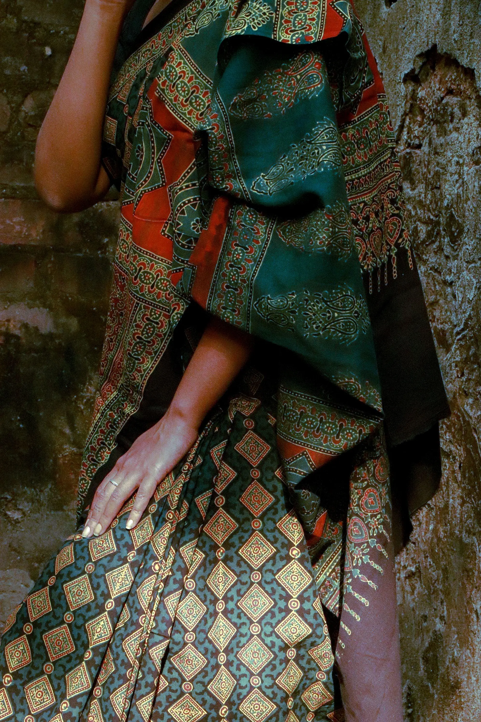 Jharokha -  Green Ajrakh handblockprinted saree