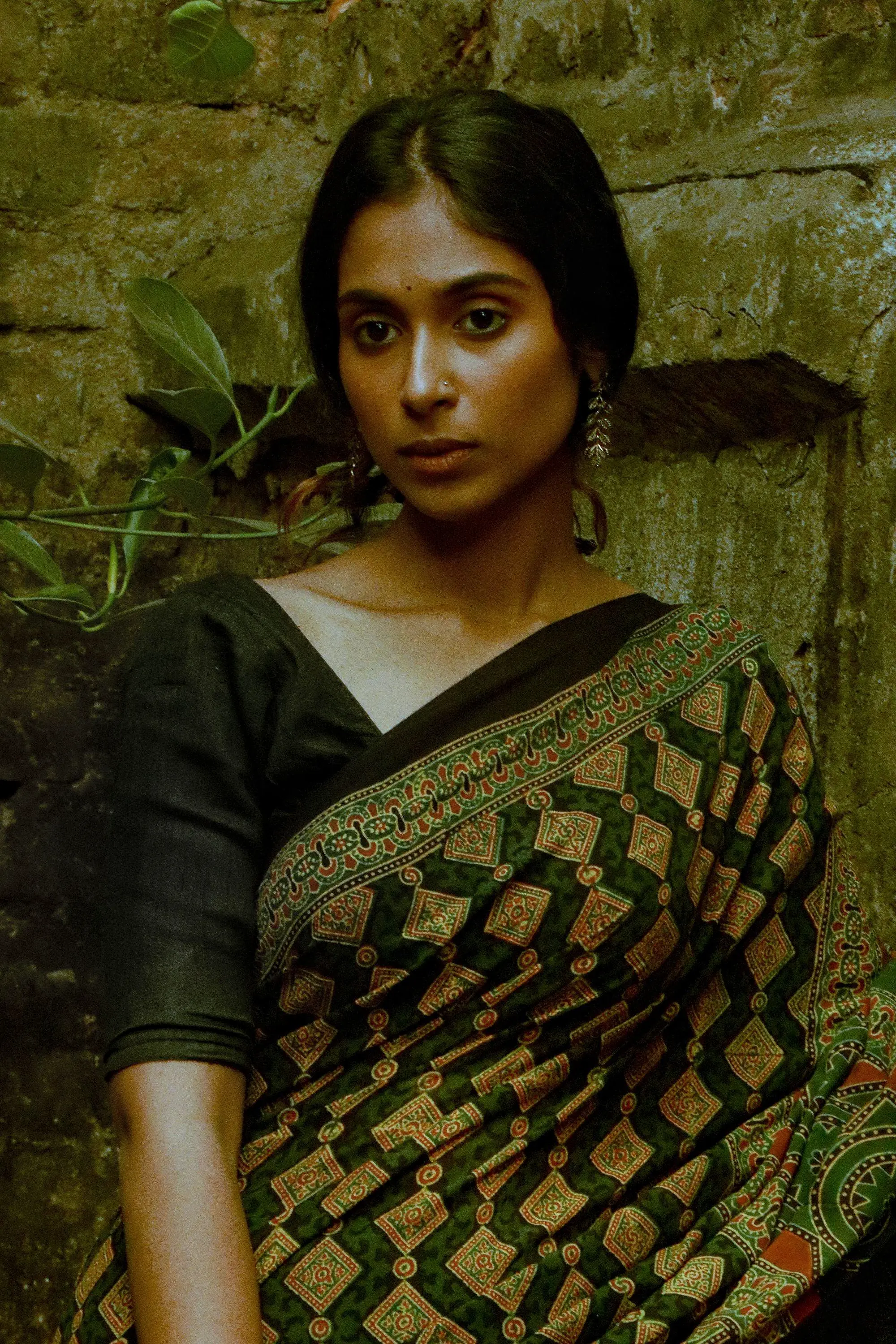 Jharokha -  Green Ajrakh handblockprinted saree