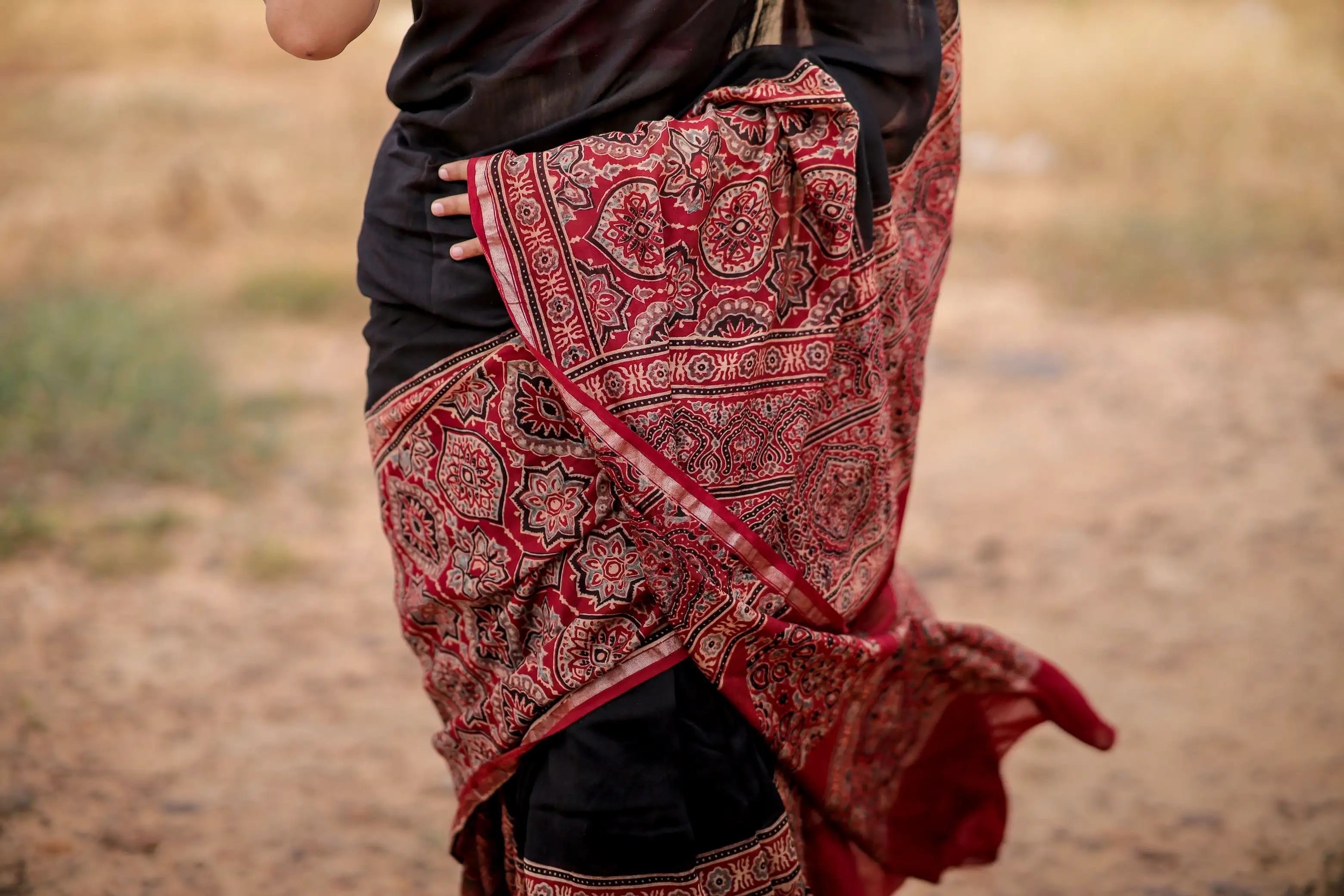 Jharokha - Red & black red striped silk cotton Ajrakh handblockprinted saree