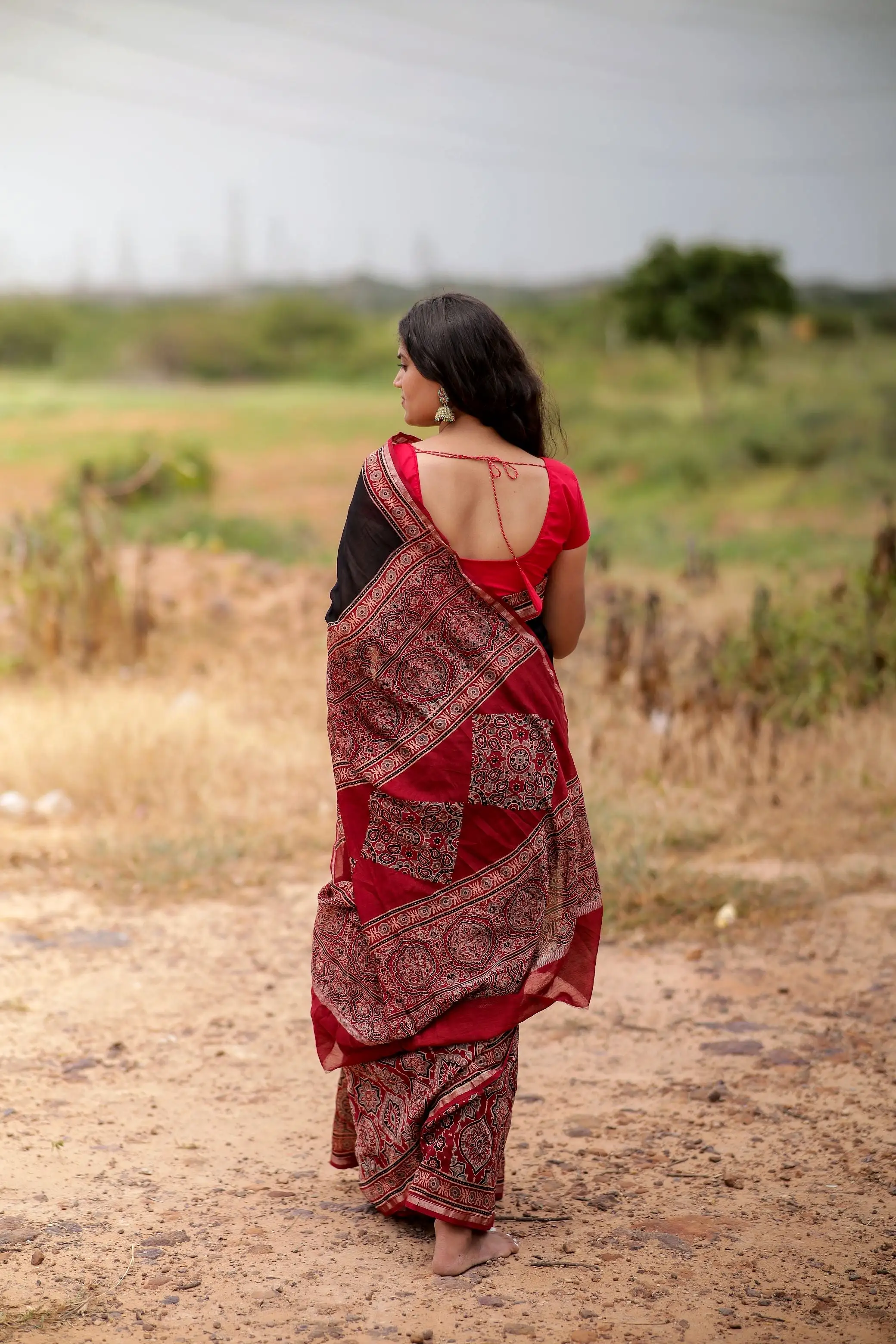 Jharokha - Red & black red striped silk cotton Ajrakh handblockprinted saree