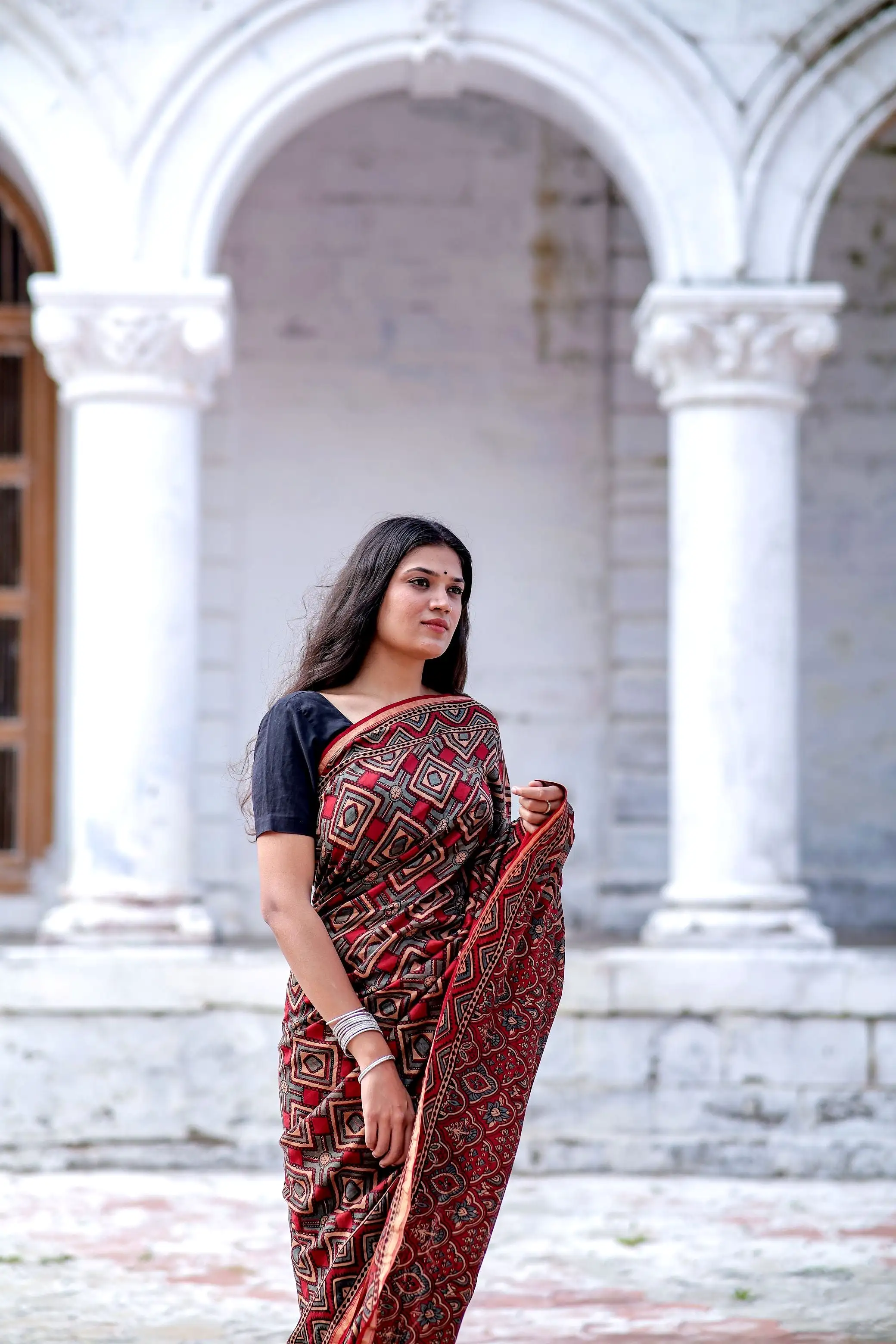 Jharokha - Red and black triangle red striped silk cotton Ajrakh handblockprinted saree