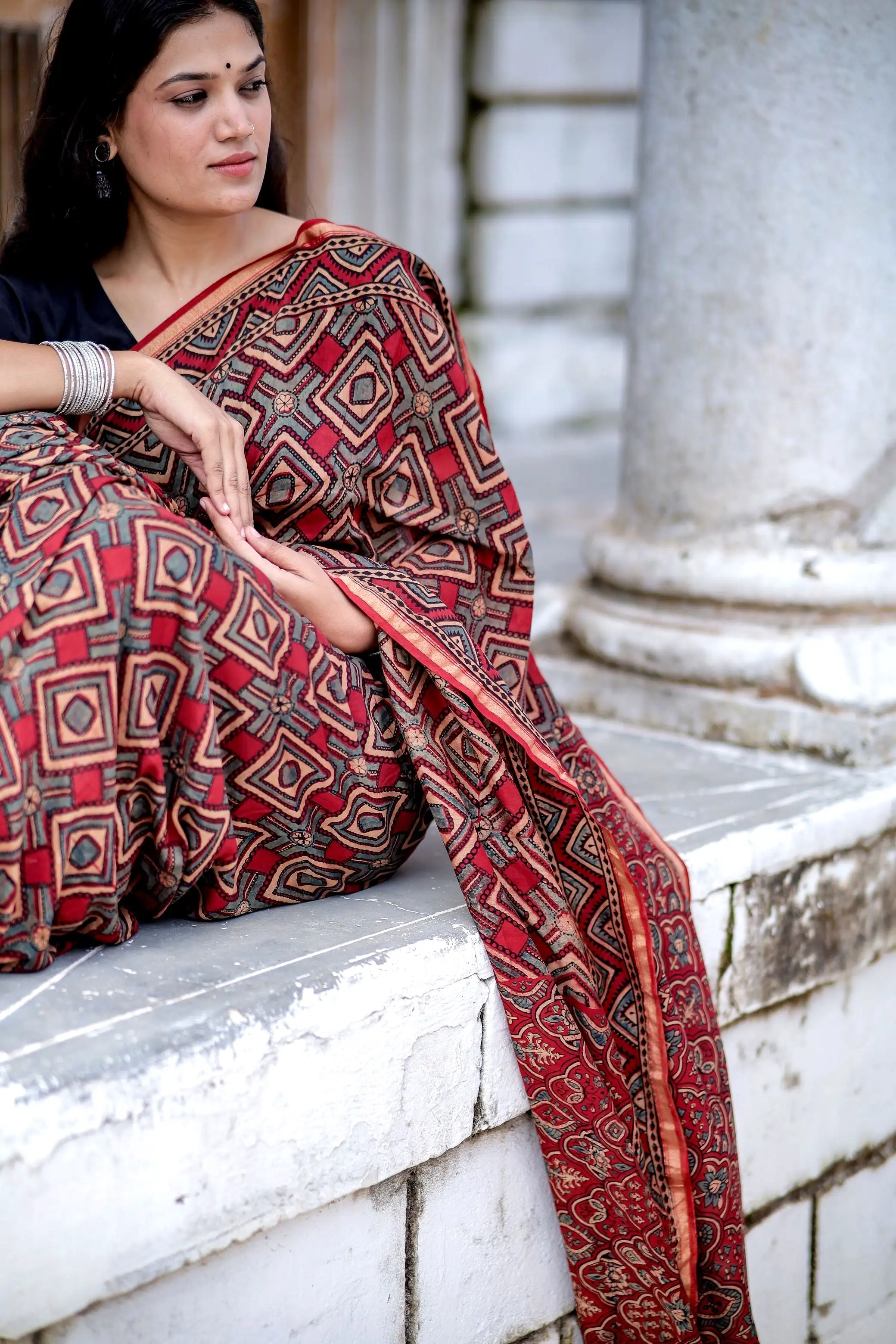 Jharokha - Red and black triangle red striped silk cotton Ajrakh handblockprinted saree