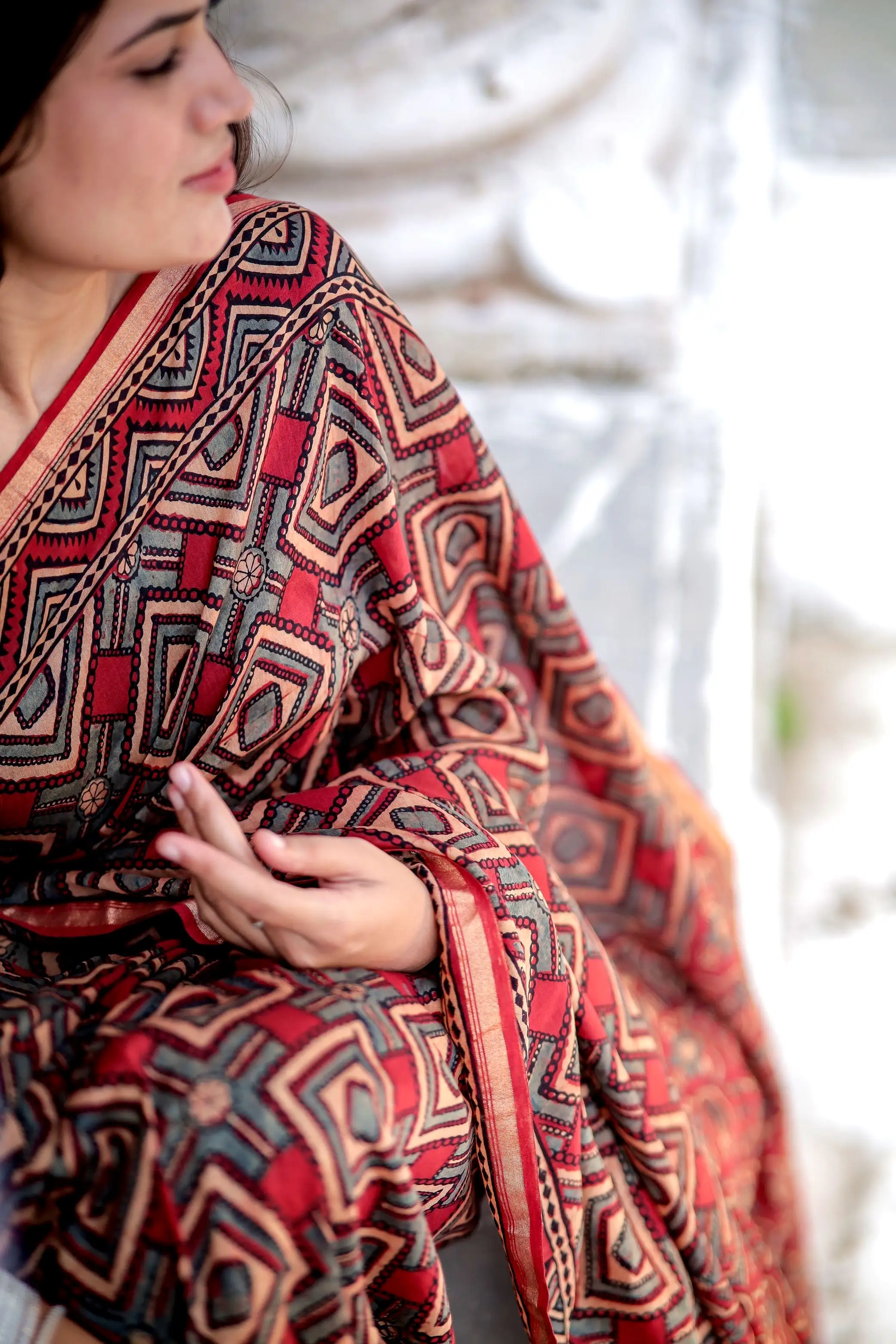 Jharokha - Red and black triangle red striped silk cotton Ajrakh handblockprinted saree