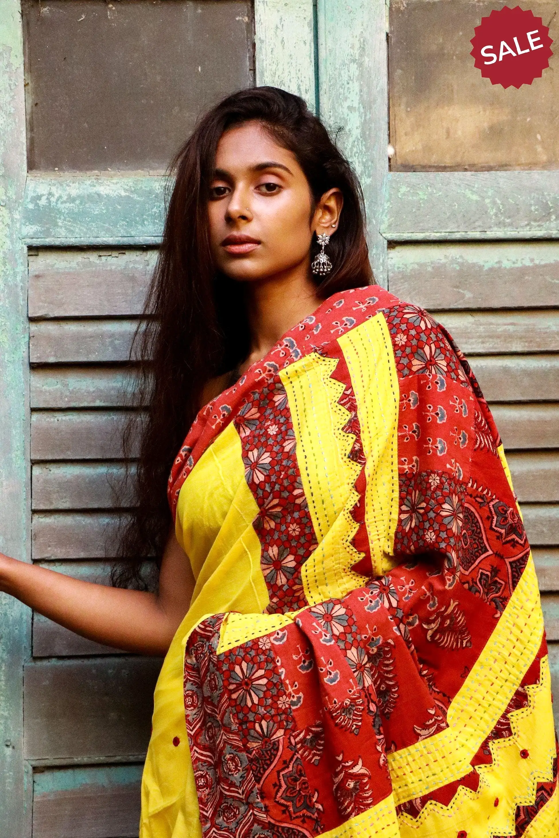 Jharokha -  Yellow and Red Ajrakh handblockprinted patchwork Gudri saree