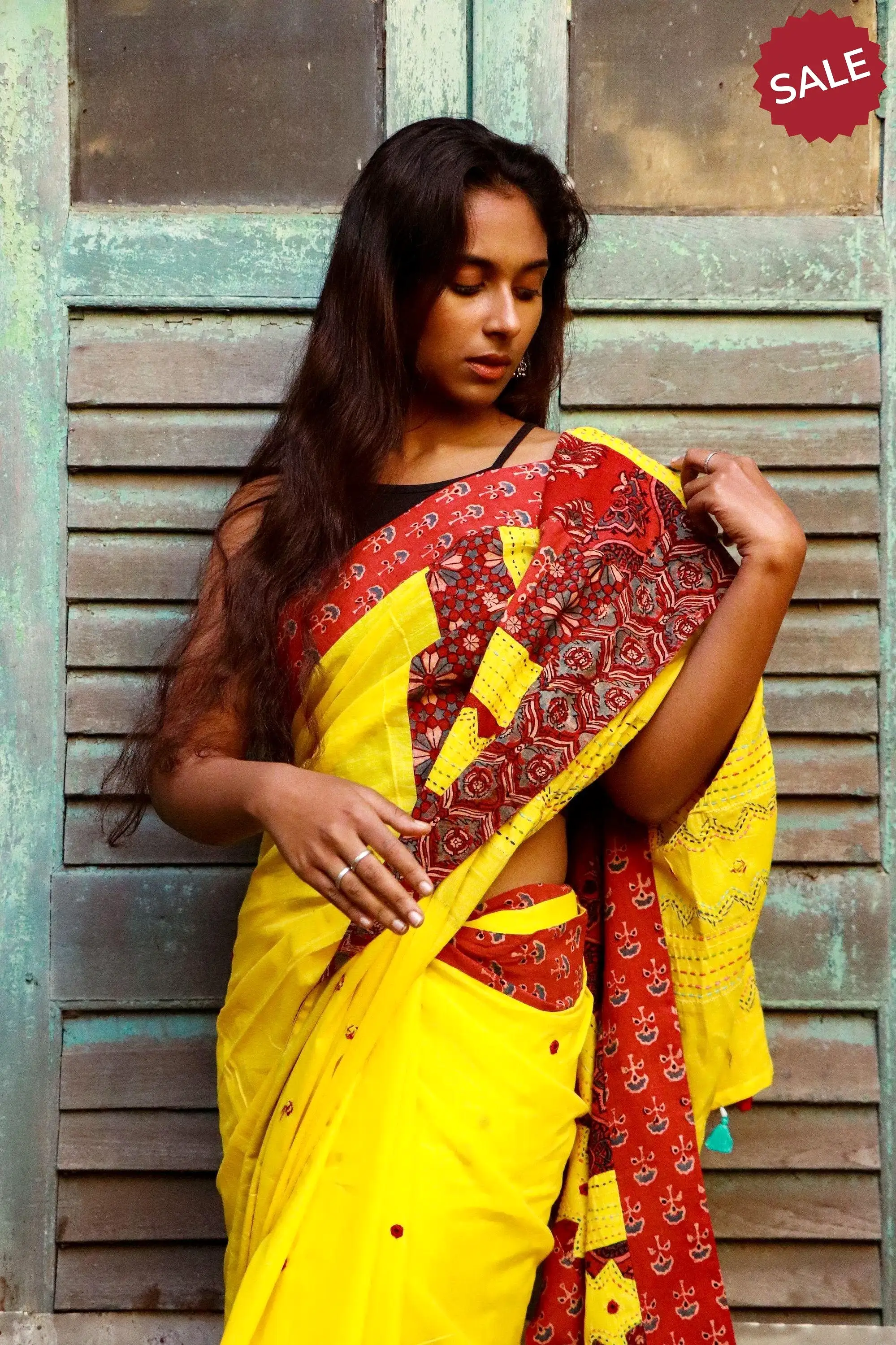 Jharokha -  Yellow and Red Ajrakh handblockprinted patchwork Gudri saree