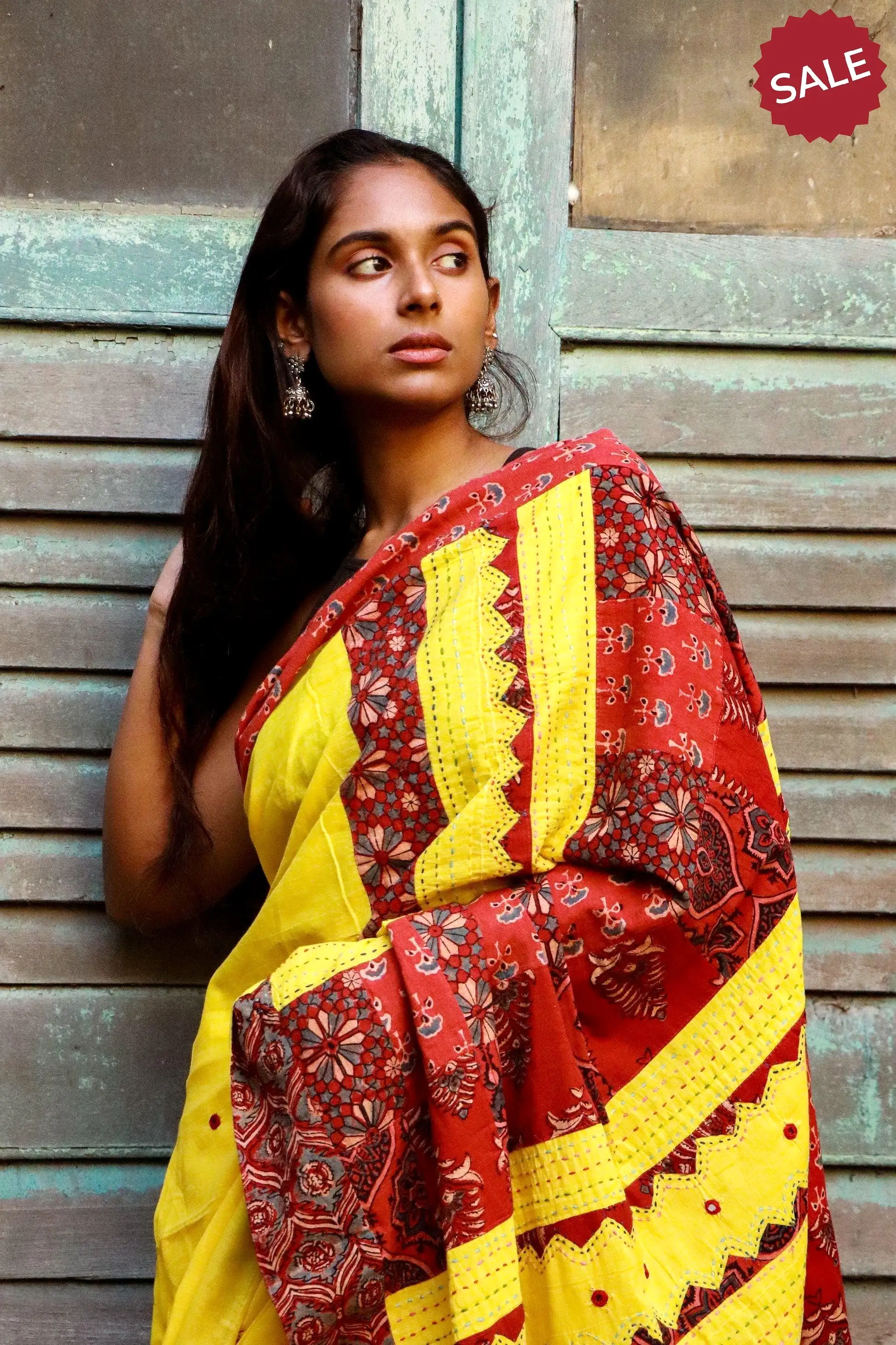 Jharokha -  Yellow and Red Ajrakh handblockprinted patchwork Gudri saree