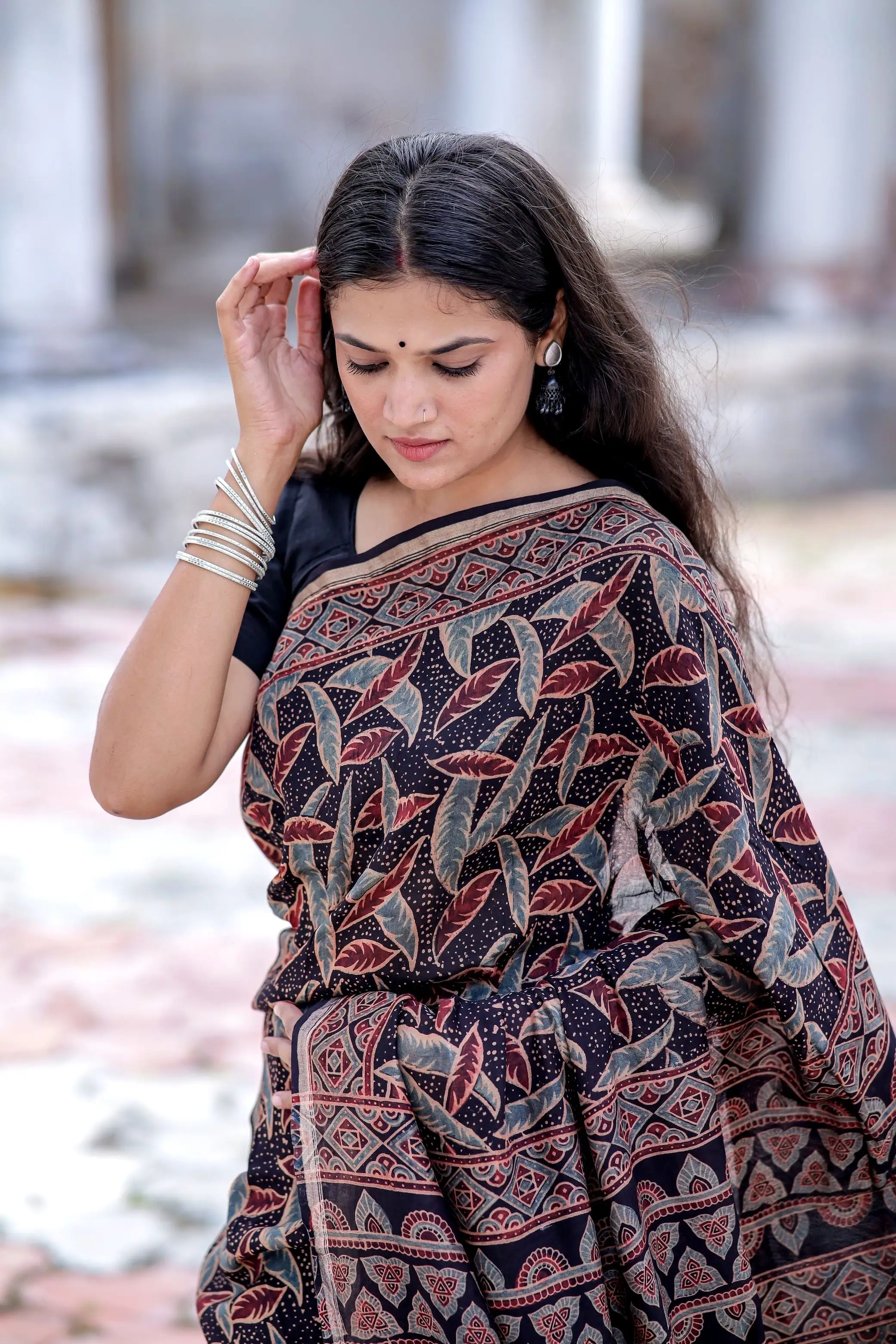 Jharokha -Black leaf silk cotton Ajrakh handblockprinted saree