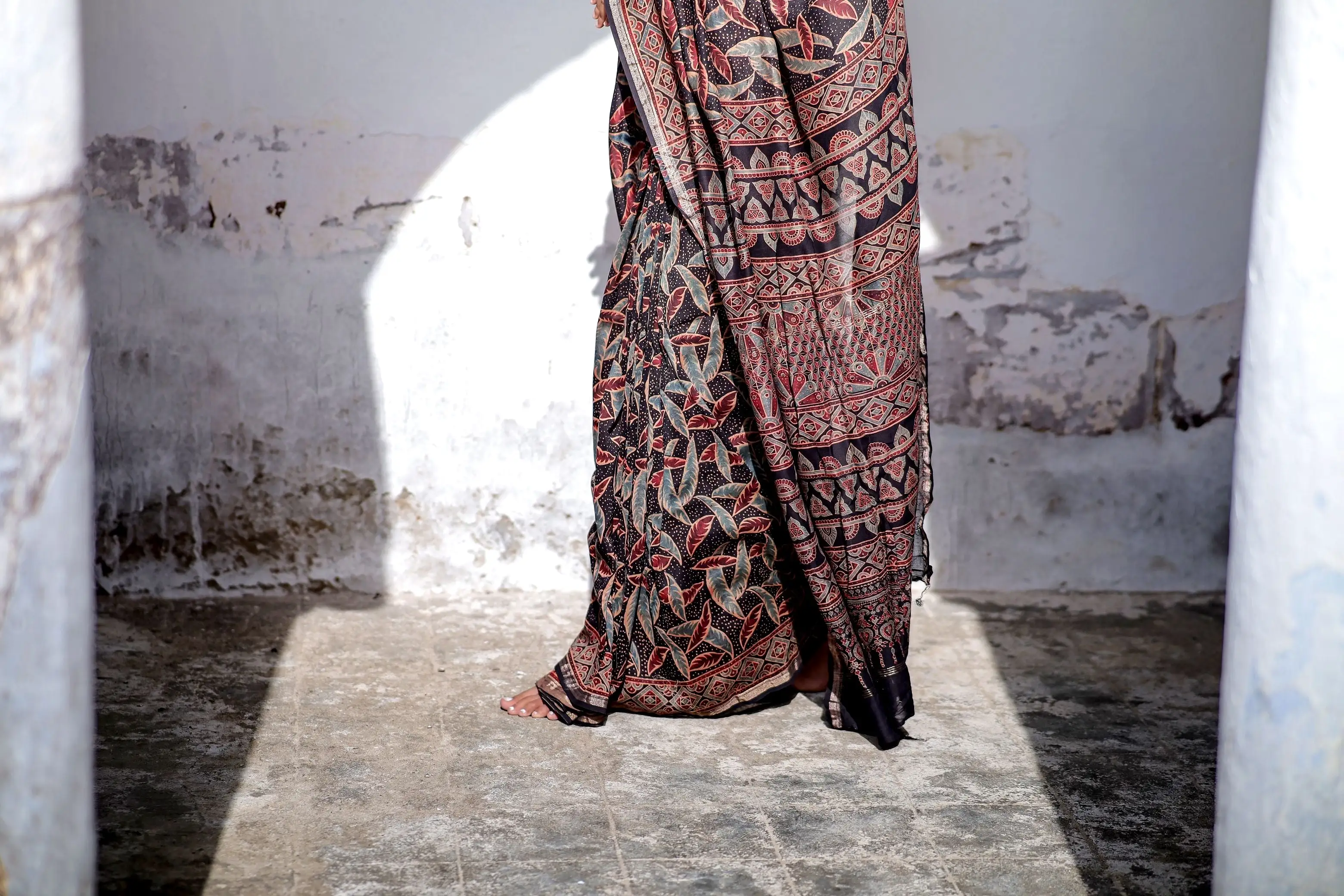 Jharokha -Black leaf silk cotton Ajrakh handblockprinted saree