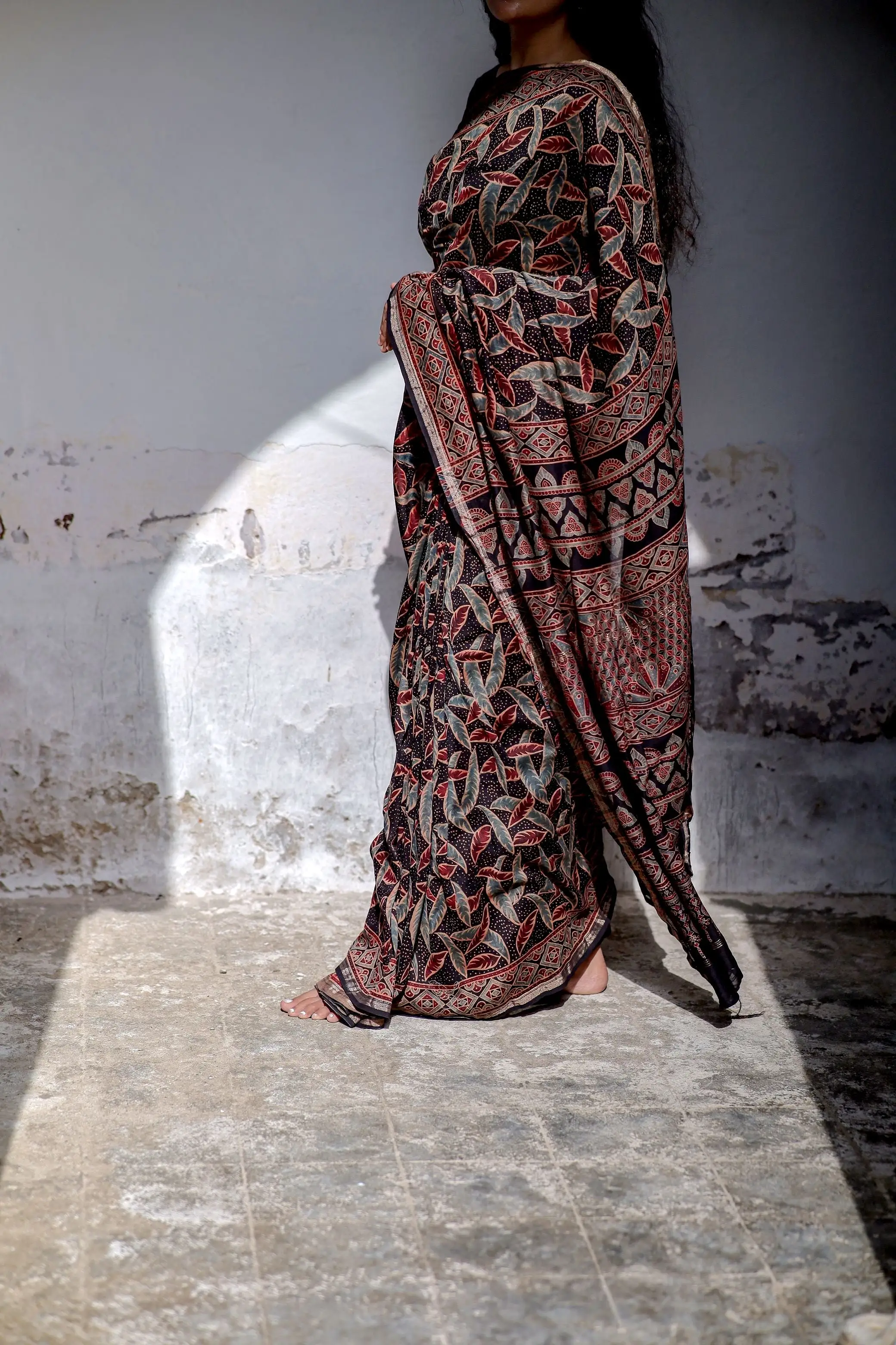 Jharokha -Black leaf silk cotton Ajrakh handblockprinted saree