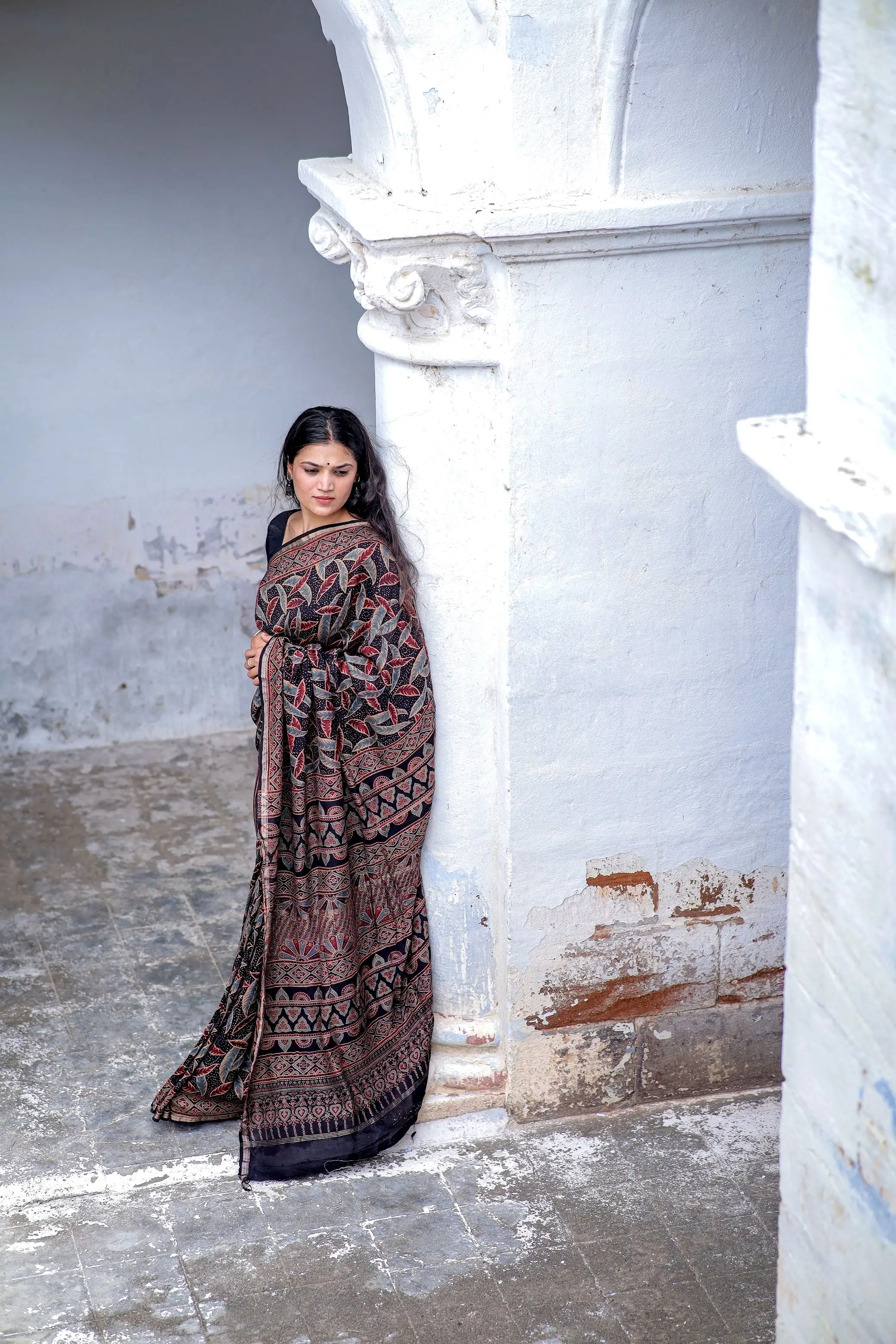 Jharokha -Black leaf silk cotton Ajrakh handblockprinted saree