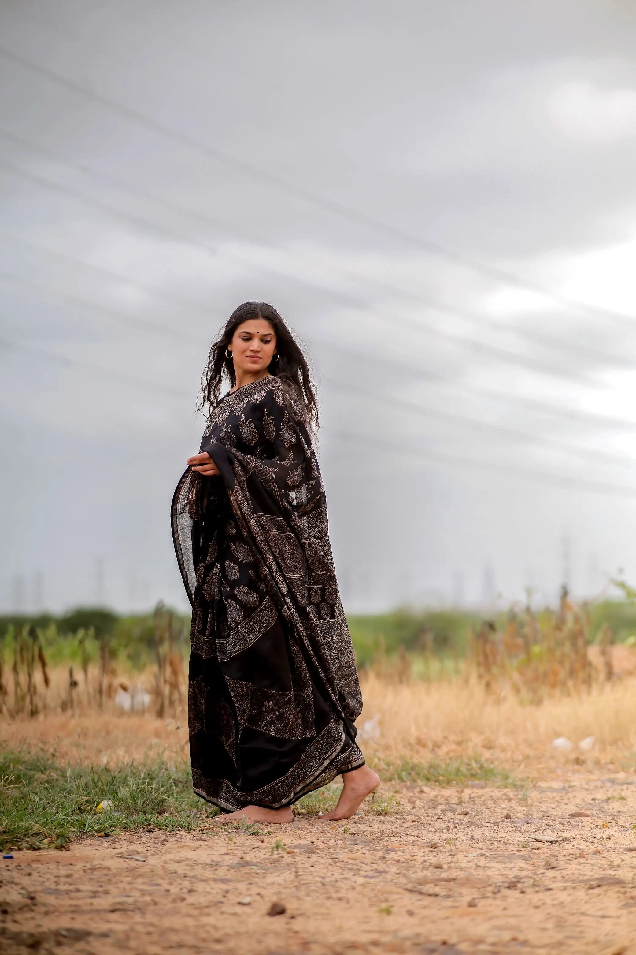 Jharokha -Black Mughal boota floral silk cotton Ajrakh handblockprinted saree