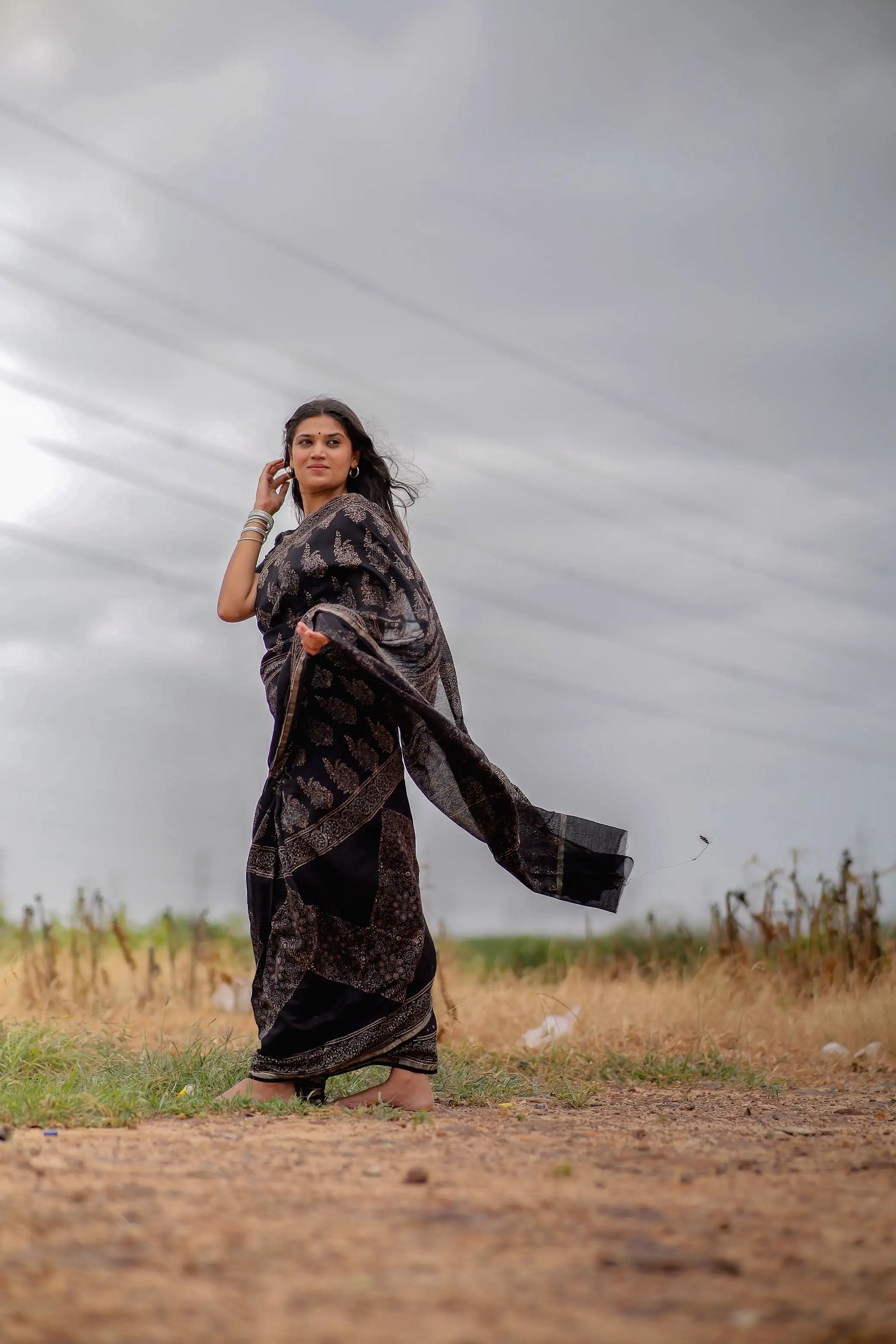 Jharokha -Black Mughal boota floral silk cotton Ajrakh handblockprinted saree