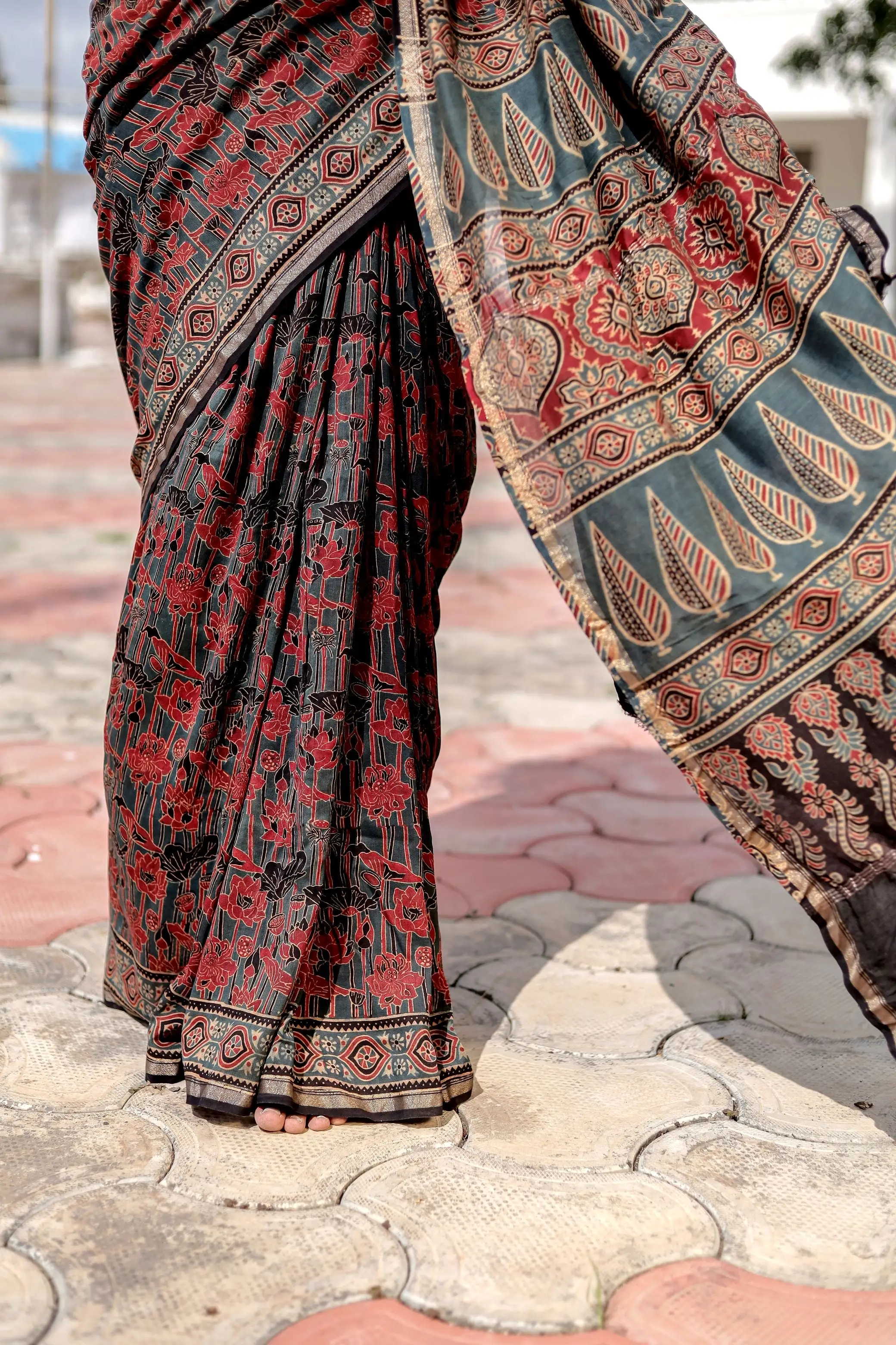 Jharokha -Blue and Red geometric silk cotton Ajrakh handblockprinted saree