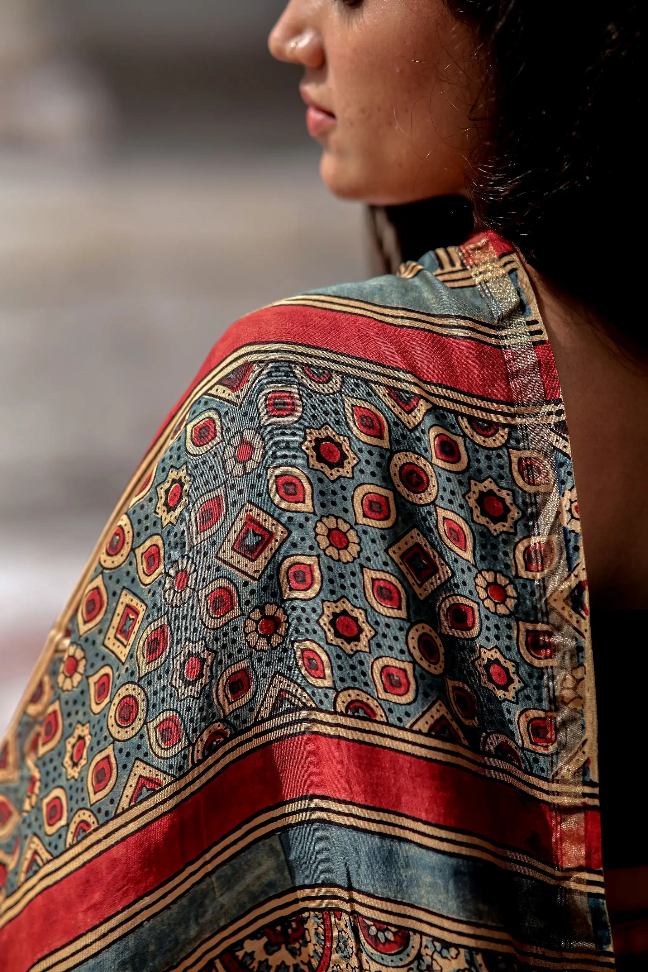 Jharokha -Blue and Red geometric silk cotton Ajrakh handblockprinted saree