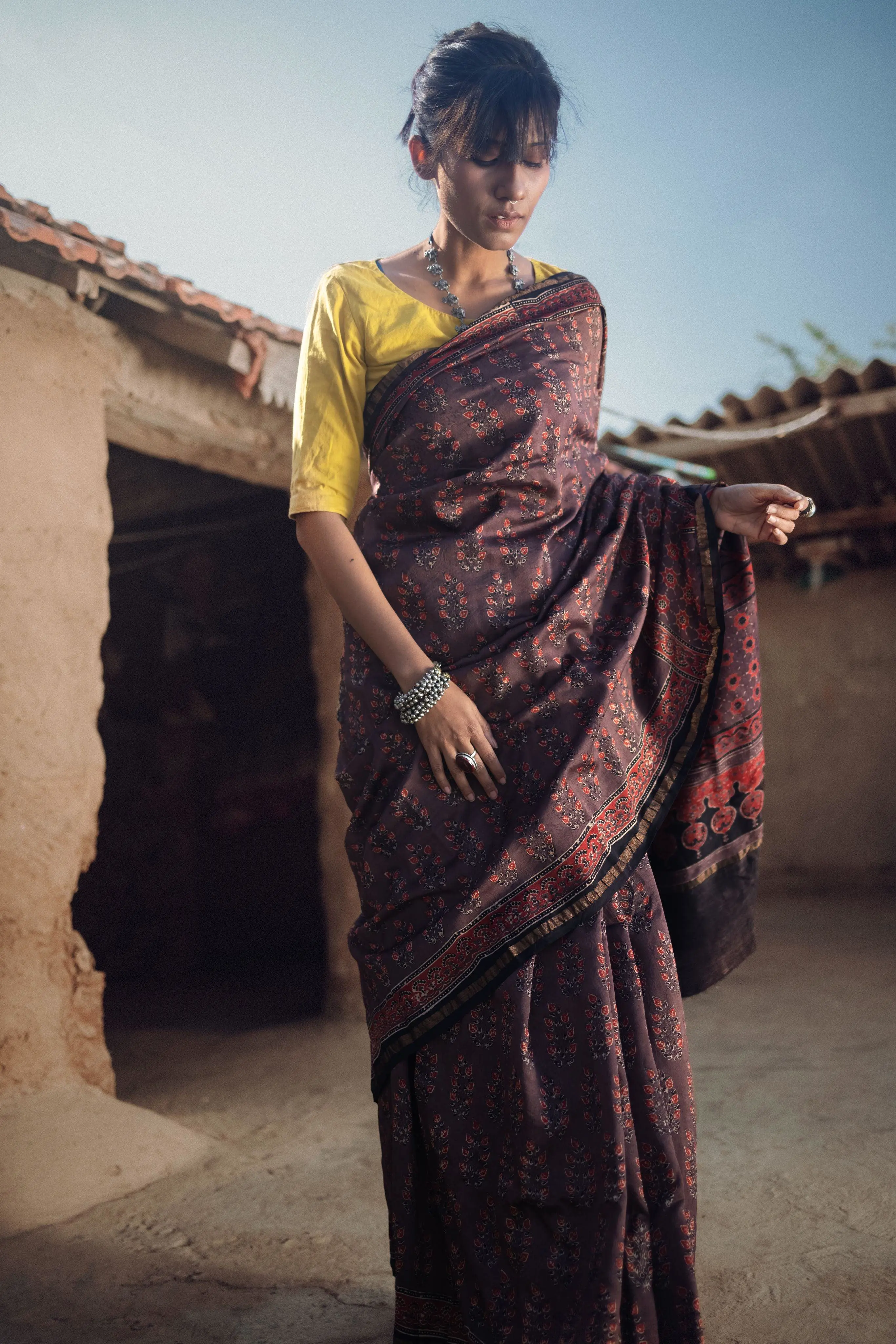 Jharokha -Grey and red silk  cotton Ajrakh handblockprinted saree