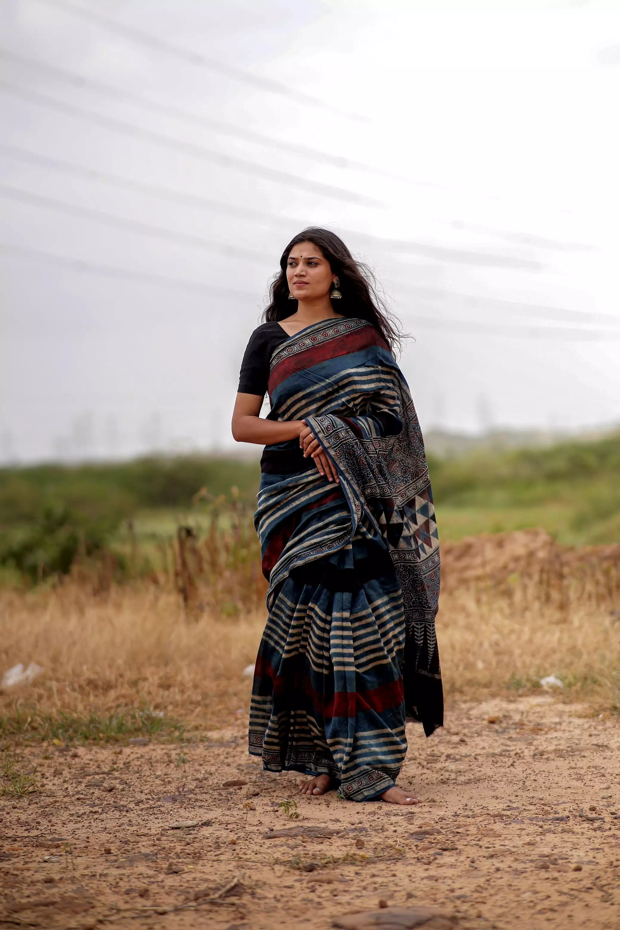 Jharokha -Indigo & black red striped silk cotton Ajrakh handblockprinted saree