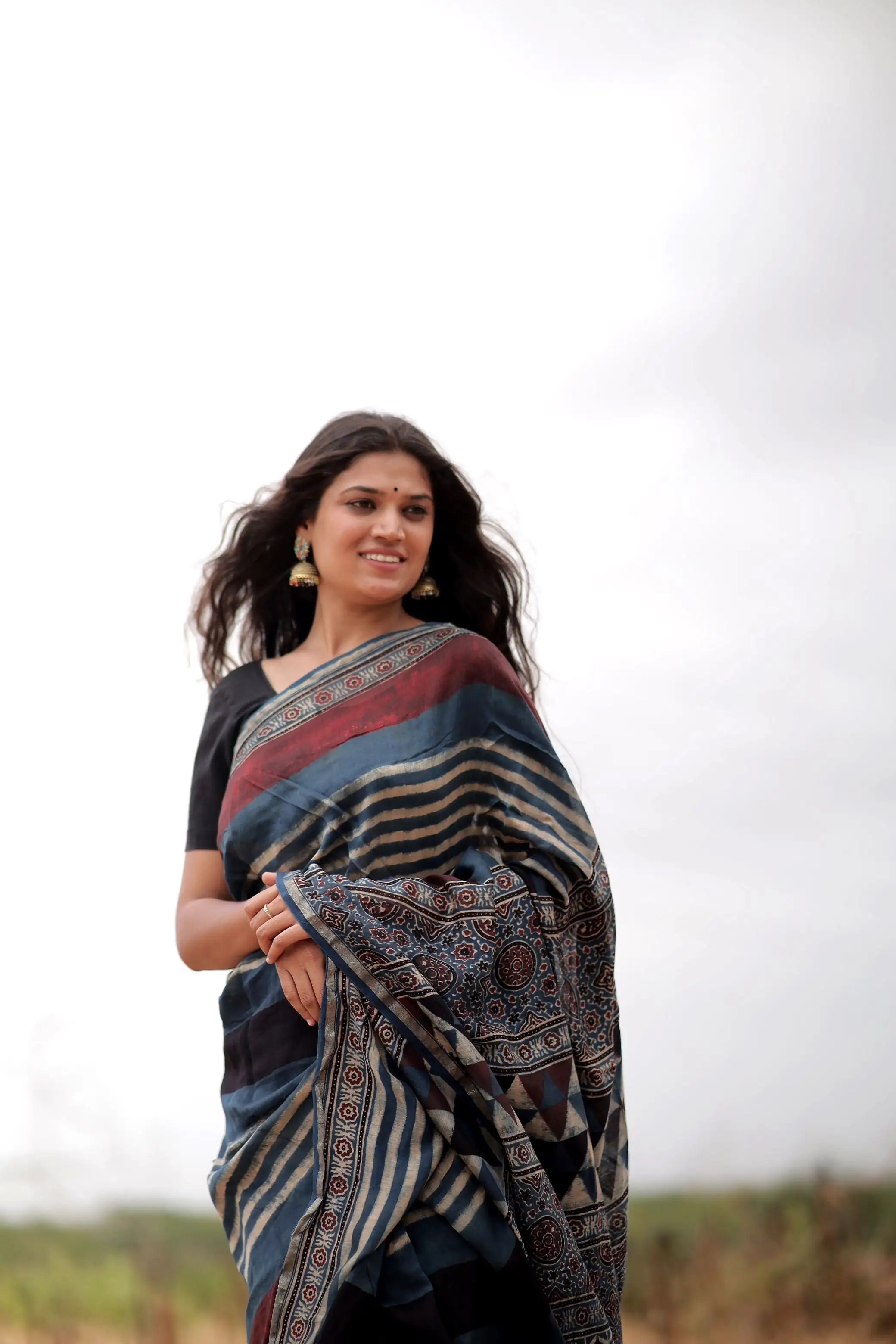 Jharokha -Indigo & black red striped silk cotton Ajrakh handblockprinted saree