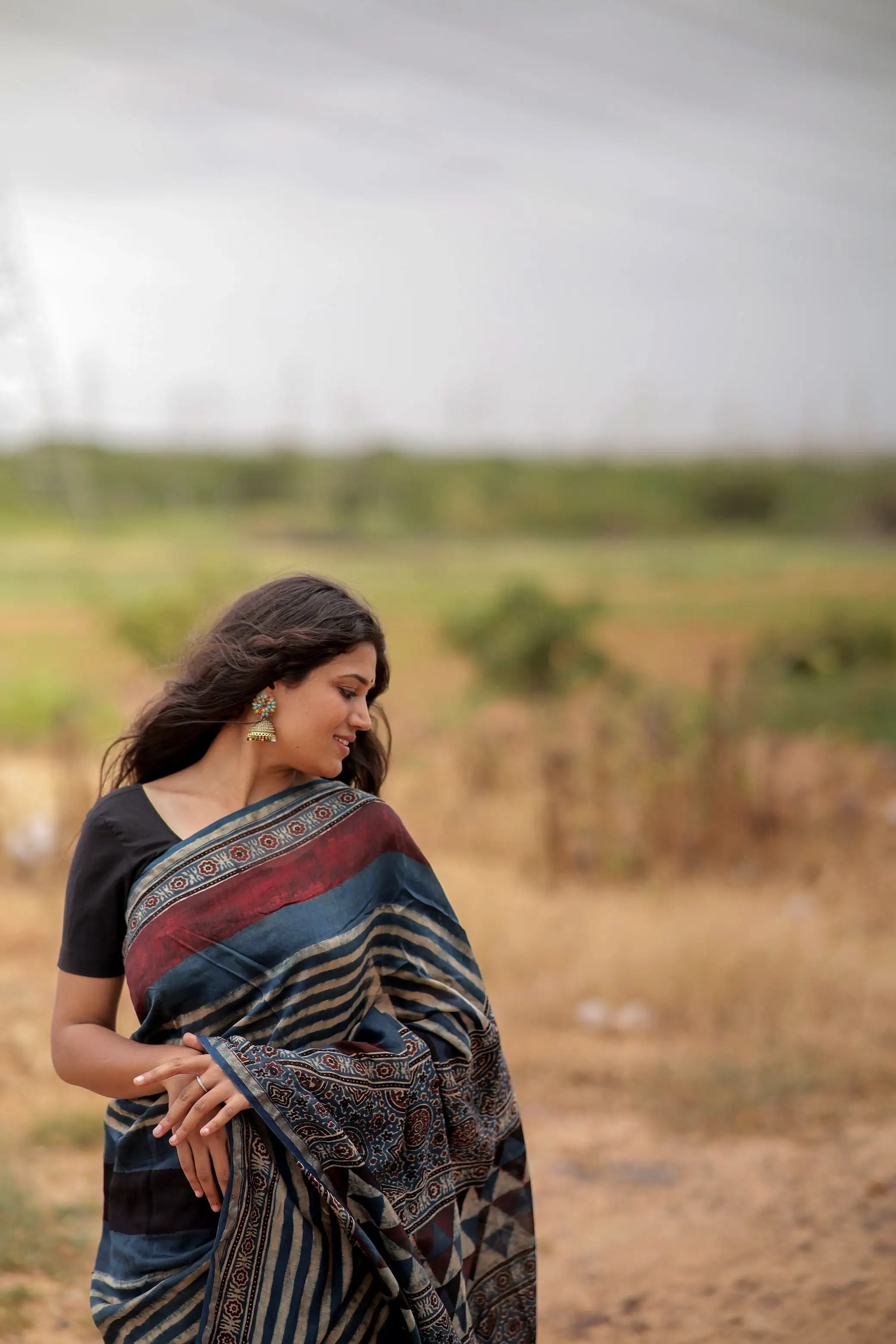 Jharokha -Indigo & black red striped silk cotton Ajrakh handblockprinted saree