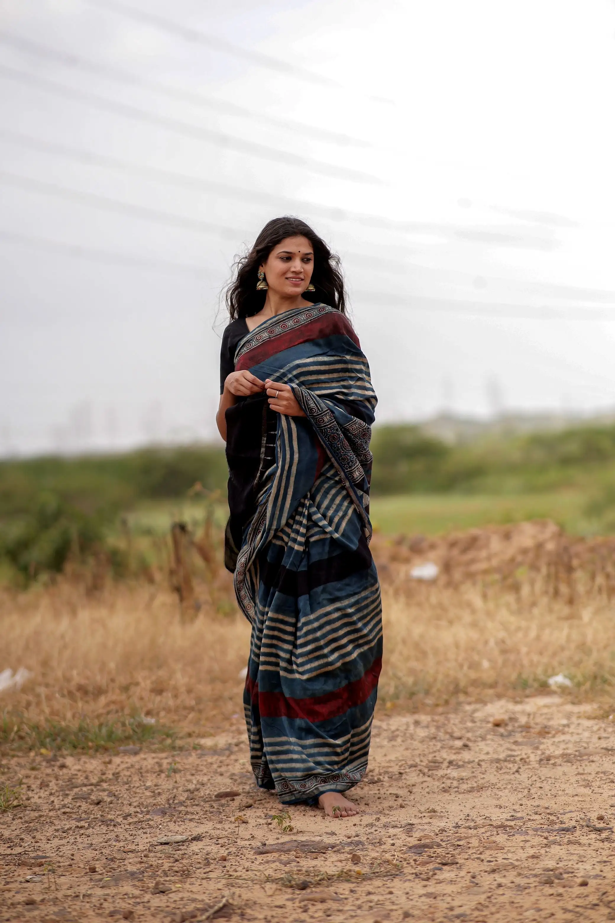 Jharokha -Indigo & black red striped silk cotton Ajrakh handblockprinted saree