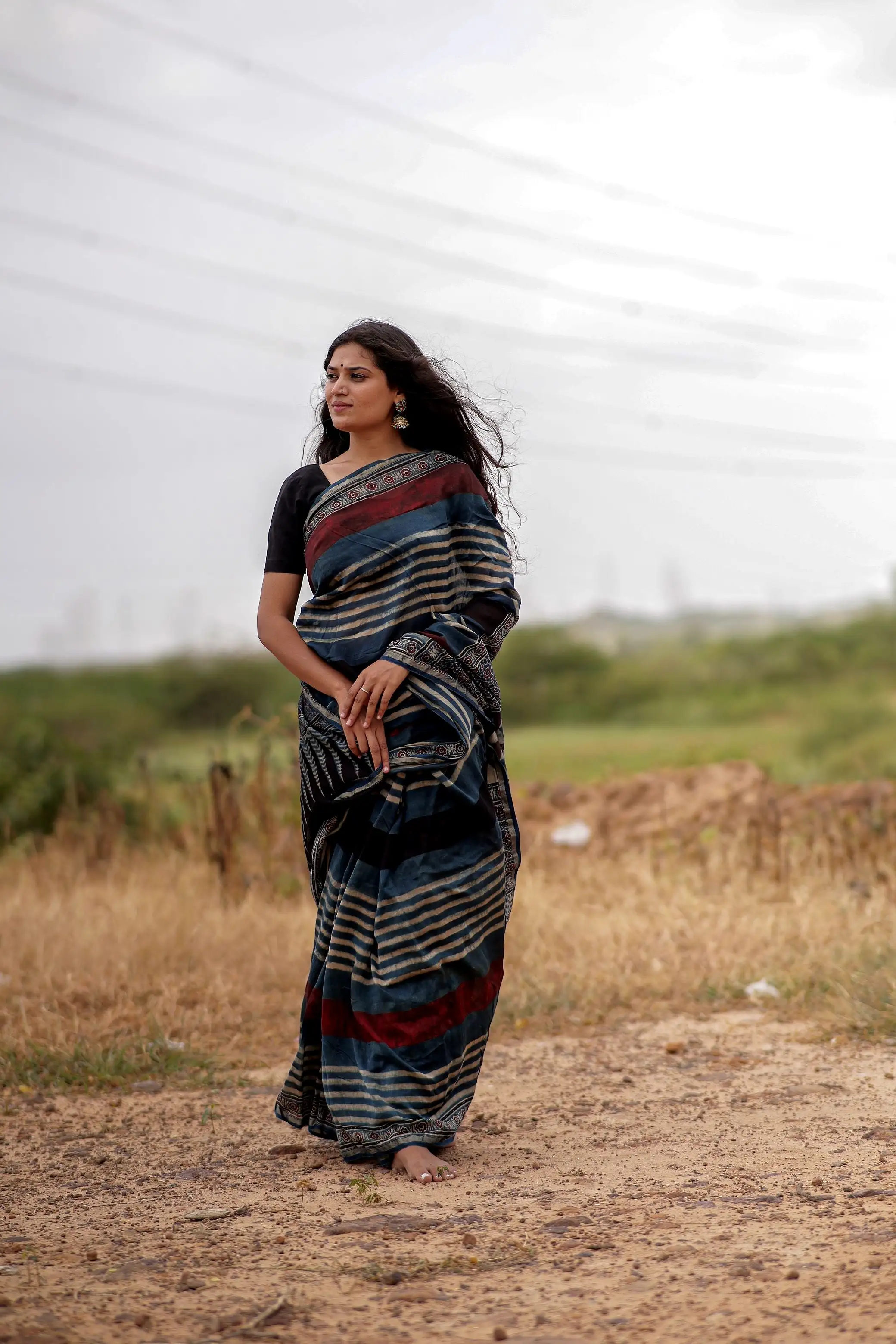 Jharokha -Indigo & black red striped silk cotton Ajrakh handblockprinted saree