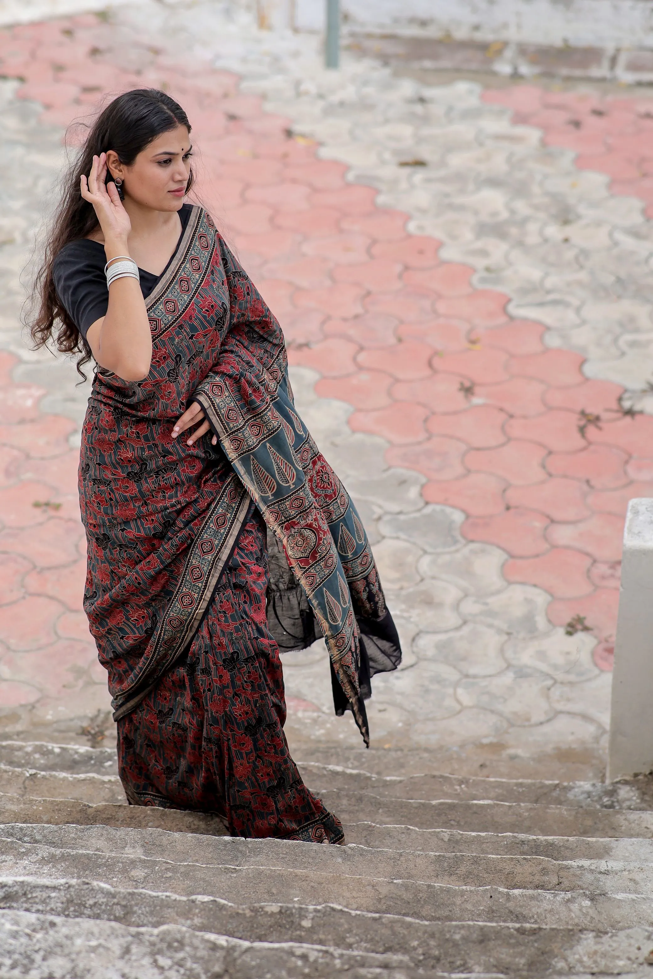 Jharokha -Indigo red floral silk cotton Ajrakh handblockprinted saree