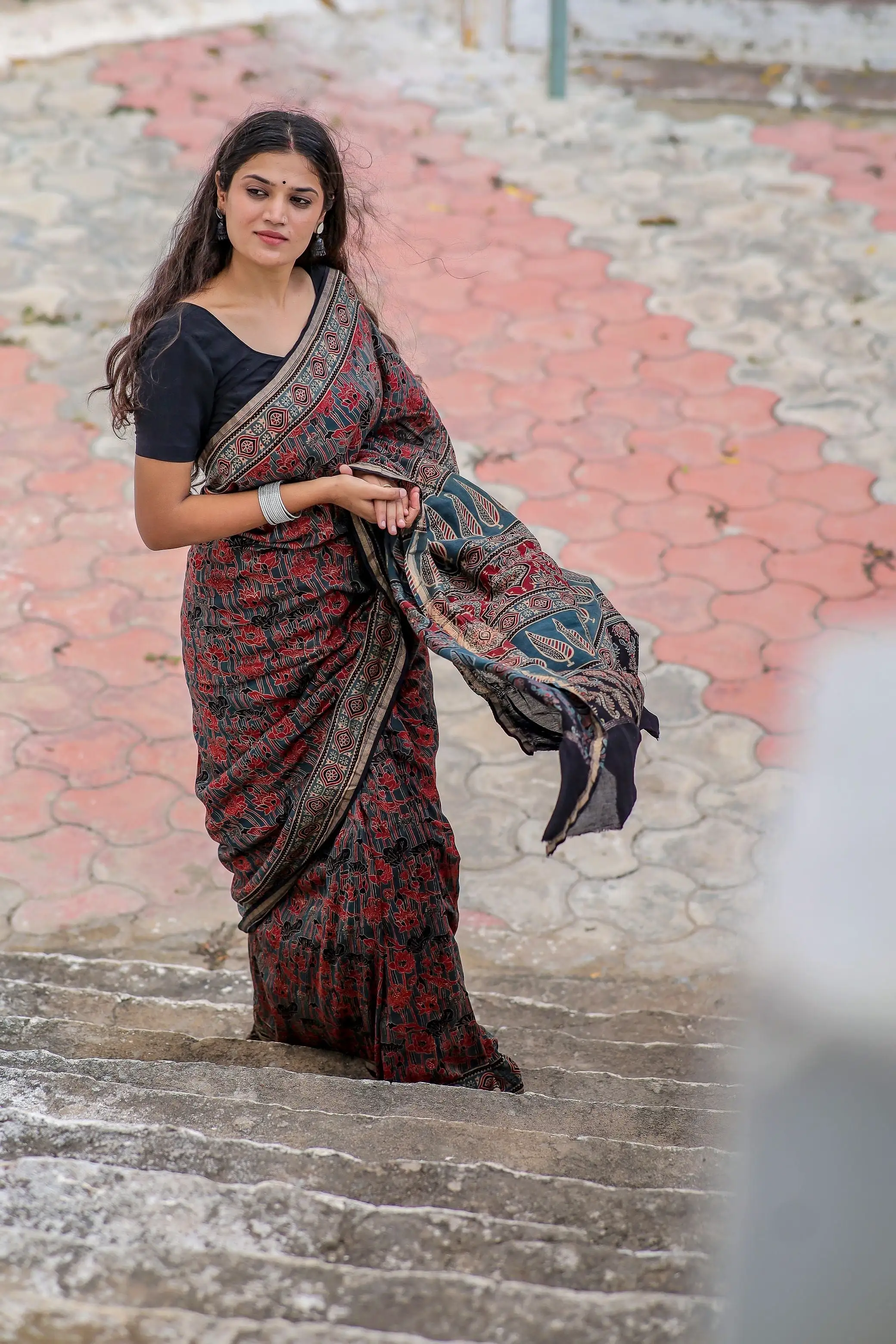 Jharokha -Indigo red floral silk cotton Ajrakh handblockprinted saree