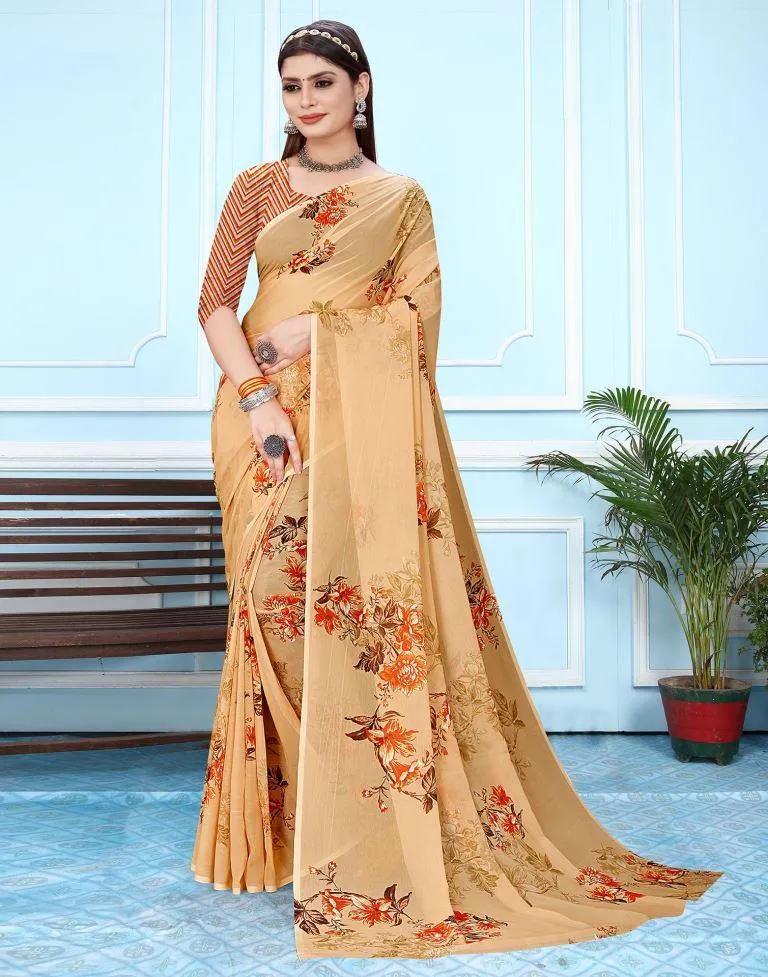 Light Orange Georgette Digital Printed Saree