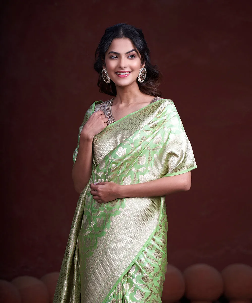 Lime Green Handloom Pure Katan Silk Banarasi Saree With Kadhwa Border