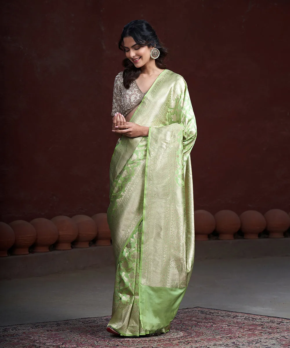 Lime Green Handloom Pure Katan Silk Banarasi Saree With Kadhwa Border