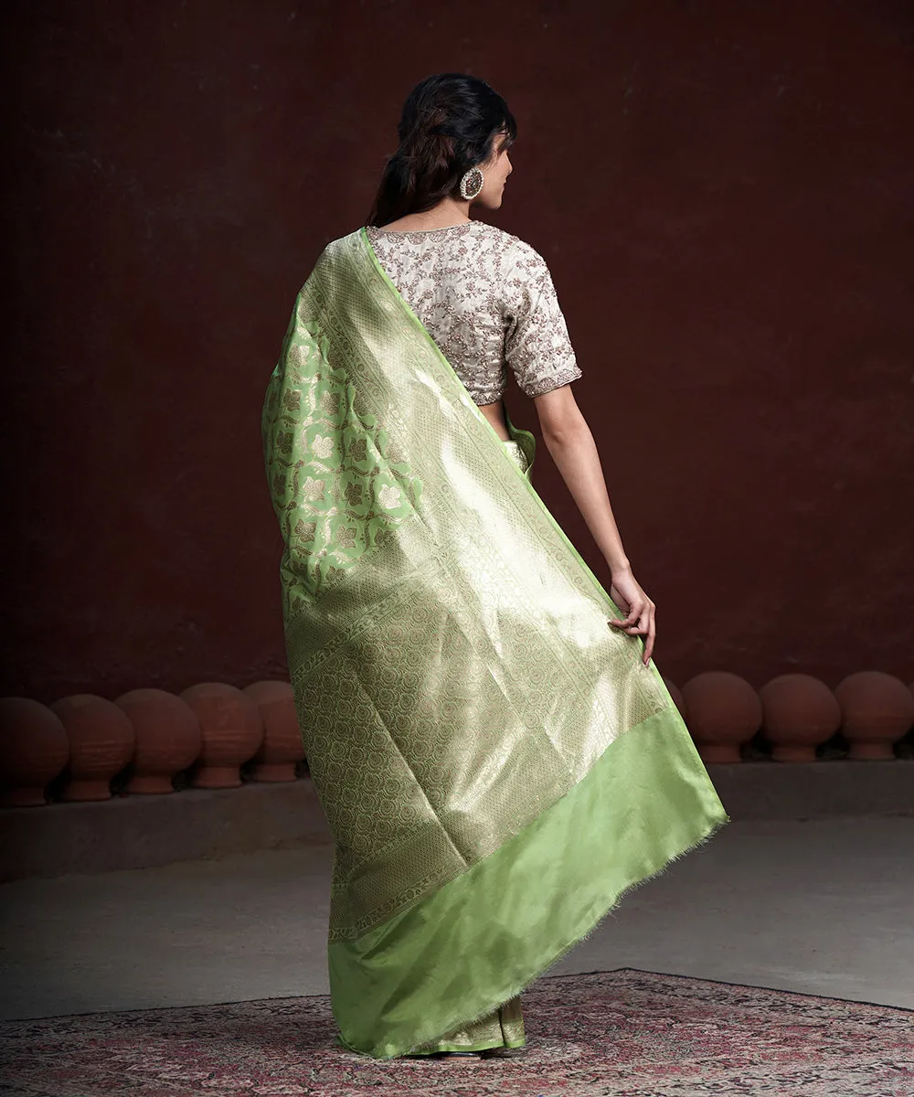 Lime Green Handloom Pure Katan Silk Banarasi Saree With Kadhwa Border