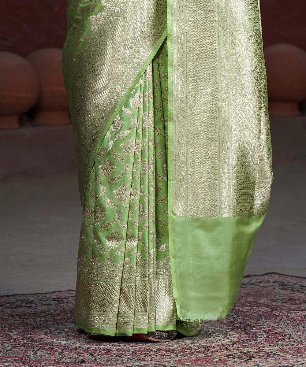 Lime Green Handloom Pure Katan Silk Banarasi Saree With Kadhwa Border