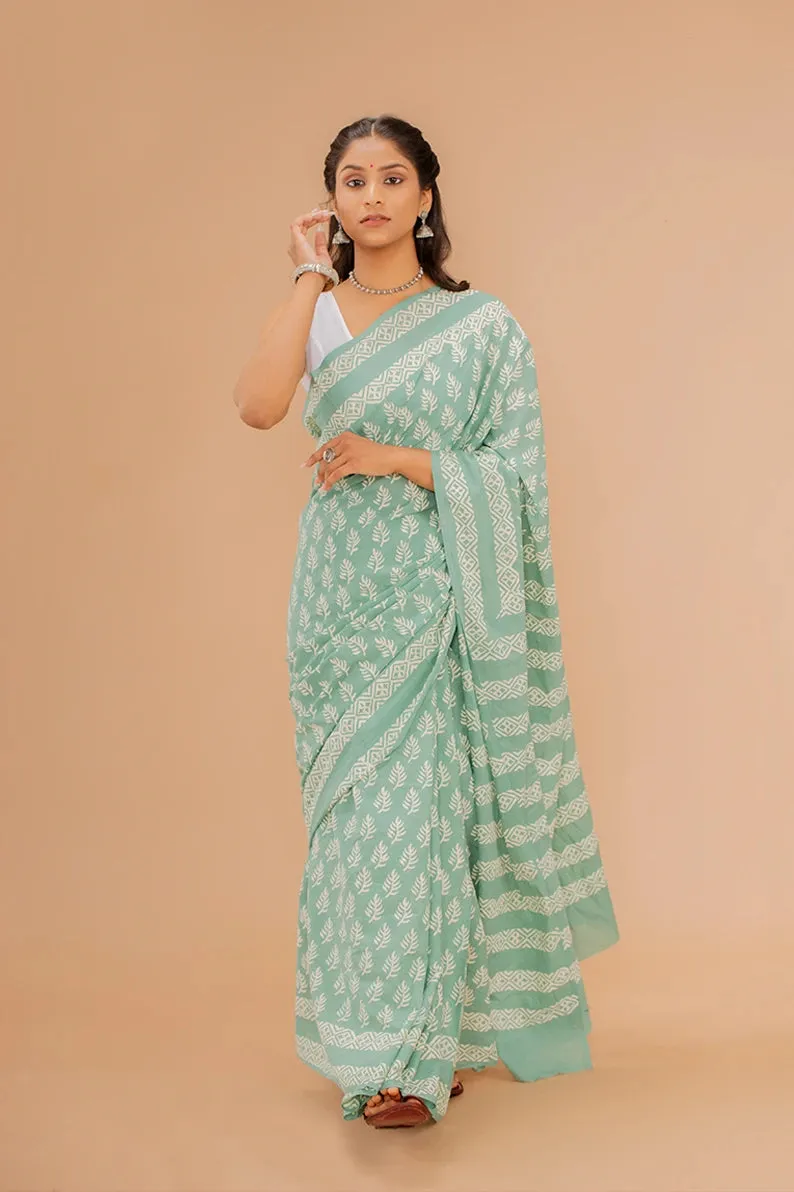 Moora Saree | Mint Green | Hand Block Printed | Mulmul Cotton