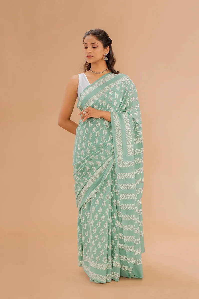 Moora Saree | Mint Green | Hand Block Printed | Mulmul Cotton