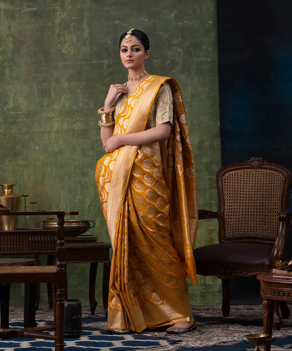 Mustard Handloom Pure Katan Silk Banarasi Saree with Floral Motifs