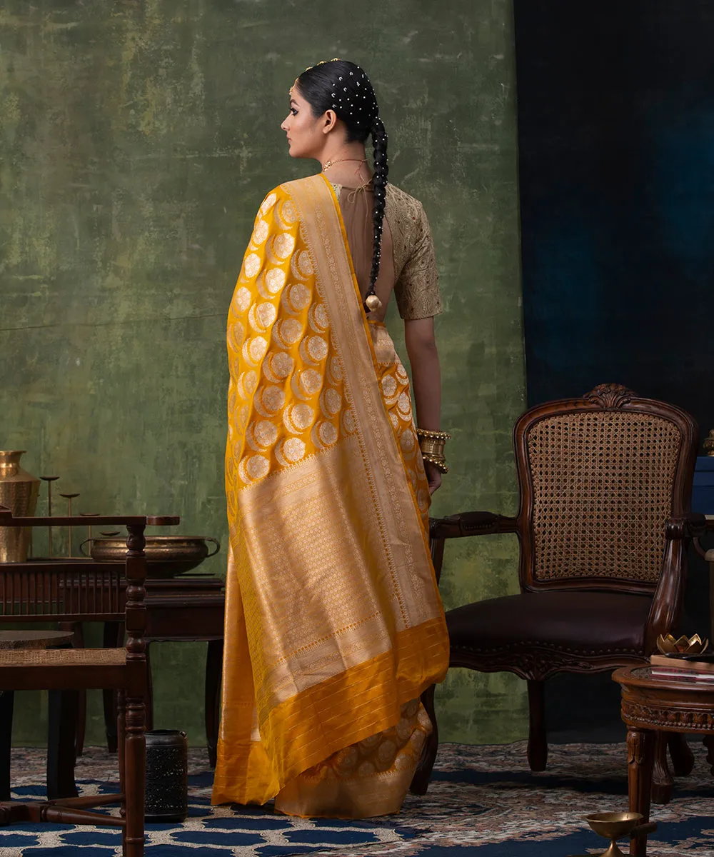 Mustard Handloom Pure Katan Silk Banarasi Saree with Floral Motifs