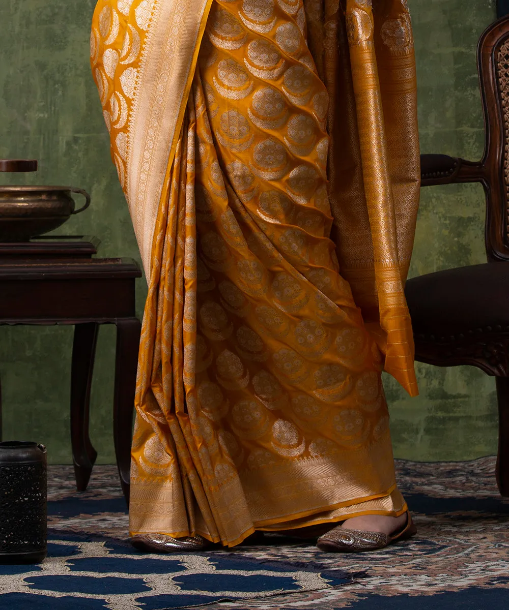 Mustard Handloom Pure Katan Silk Banarasi Saree with Floral Motifs