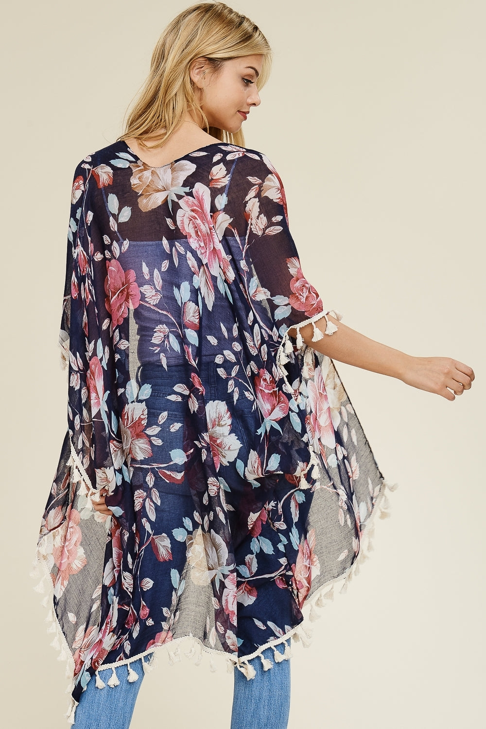 Navy Floral Tassel Kimono