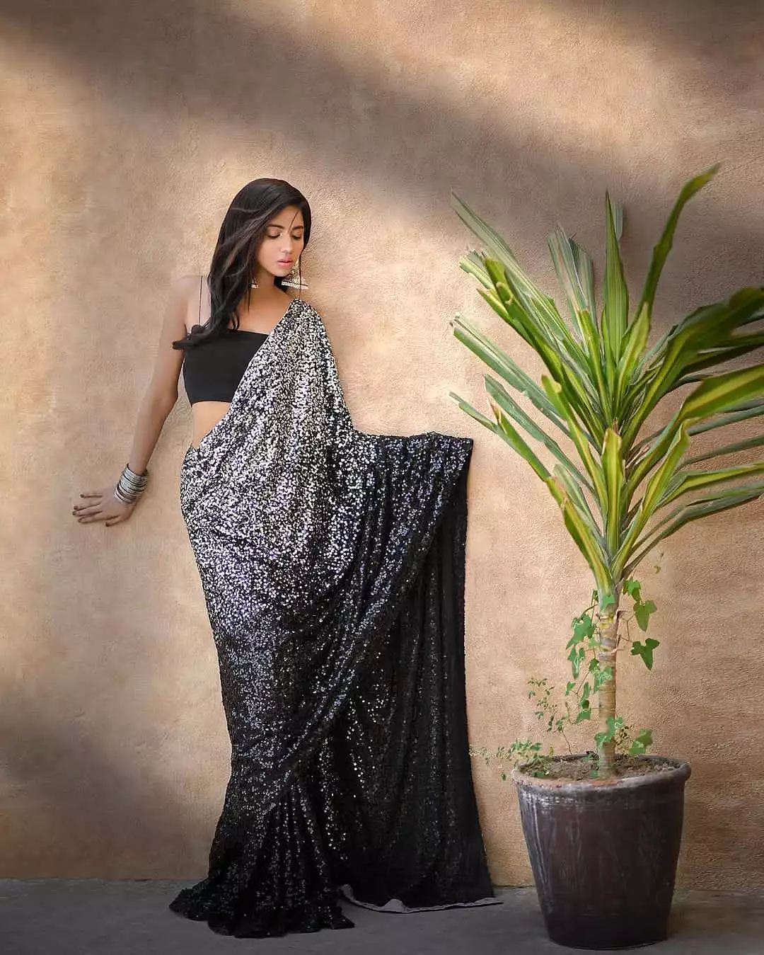 New Launching Bollywood Block Buster Design Black Sequins Saree-SSS001BSS