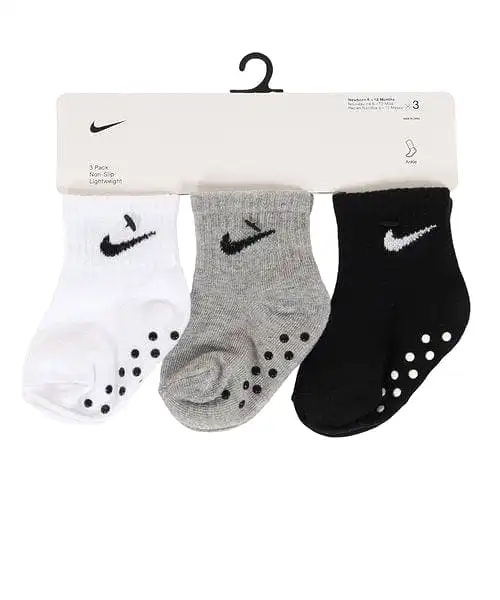 NIKE INFANTS GRIPPER WHITE/GREY/BLACK ANKLE SOCKS (6-12M X3 PAIRS)