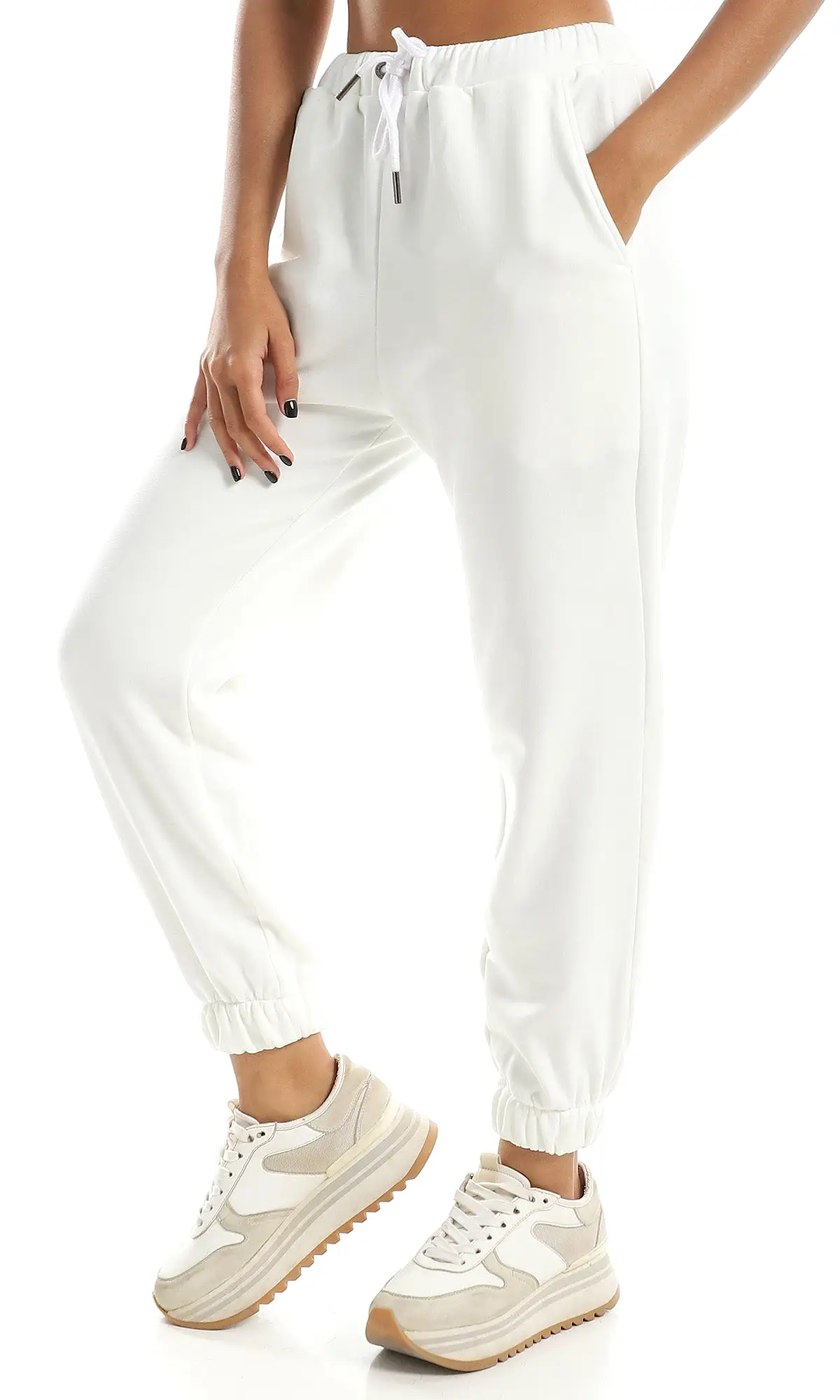 O158142 Elastic Waist With Drawstring White Comfy Jogger