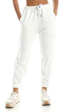 O158142 Elastic Waist With Drawstring White Comfy Jogger