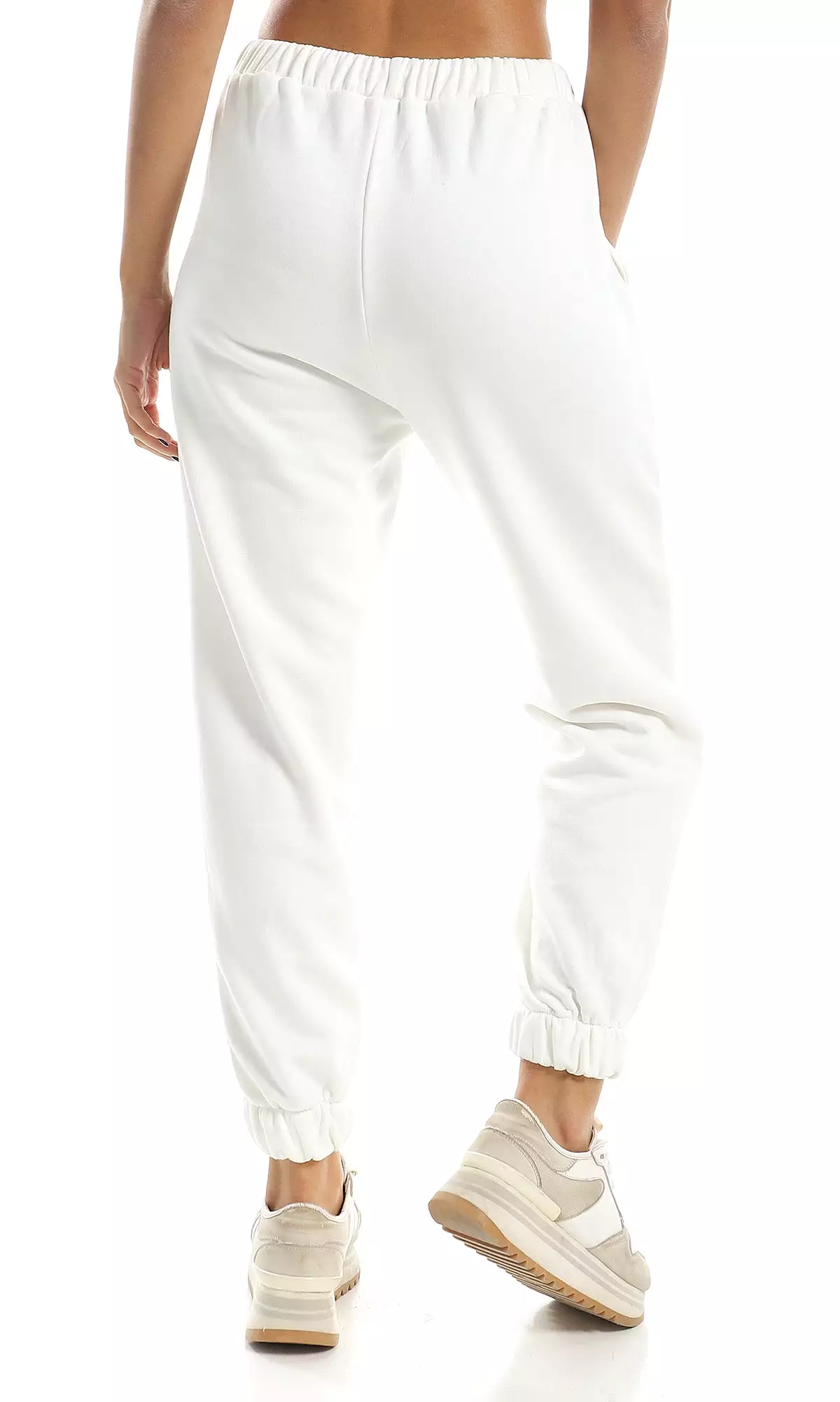 O158142 Elastic Waist With Drawstring White Comfy Jogger