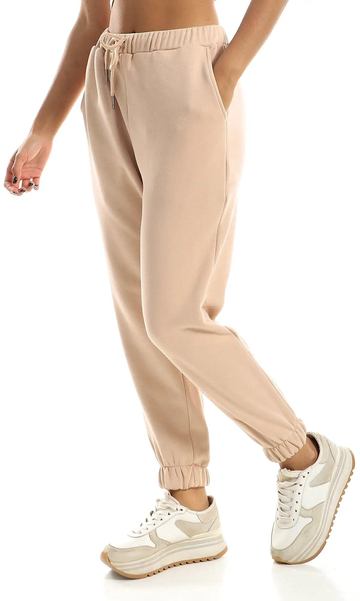 O158167 Elastic Hem Light Beige Jogger With Side Pockets