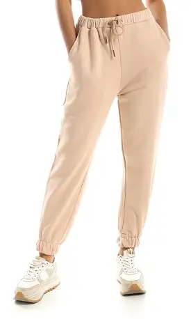 O158167 Elastic Hem Light Beige Jogger With Side Pockets