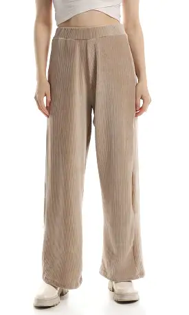 O162655 Ribbed Velvet Elastic Waist Pants - Beige