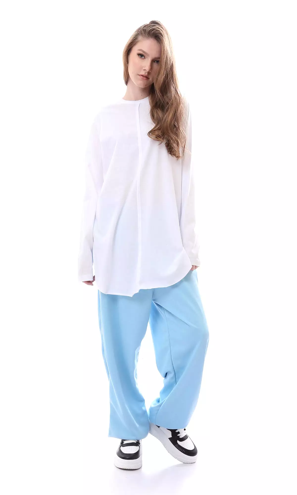 O165861 Relaxed Fit Baby Blue Pants With Elastic Waist & Hem