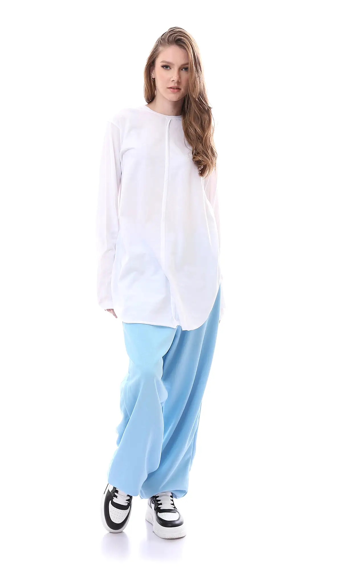 O165861 Relaxed Fit Baby Blue Pants With Elastic Waist & Hem