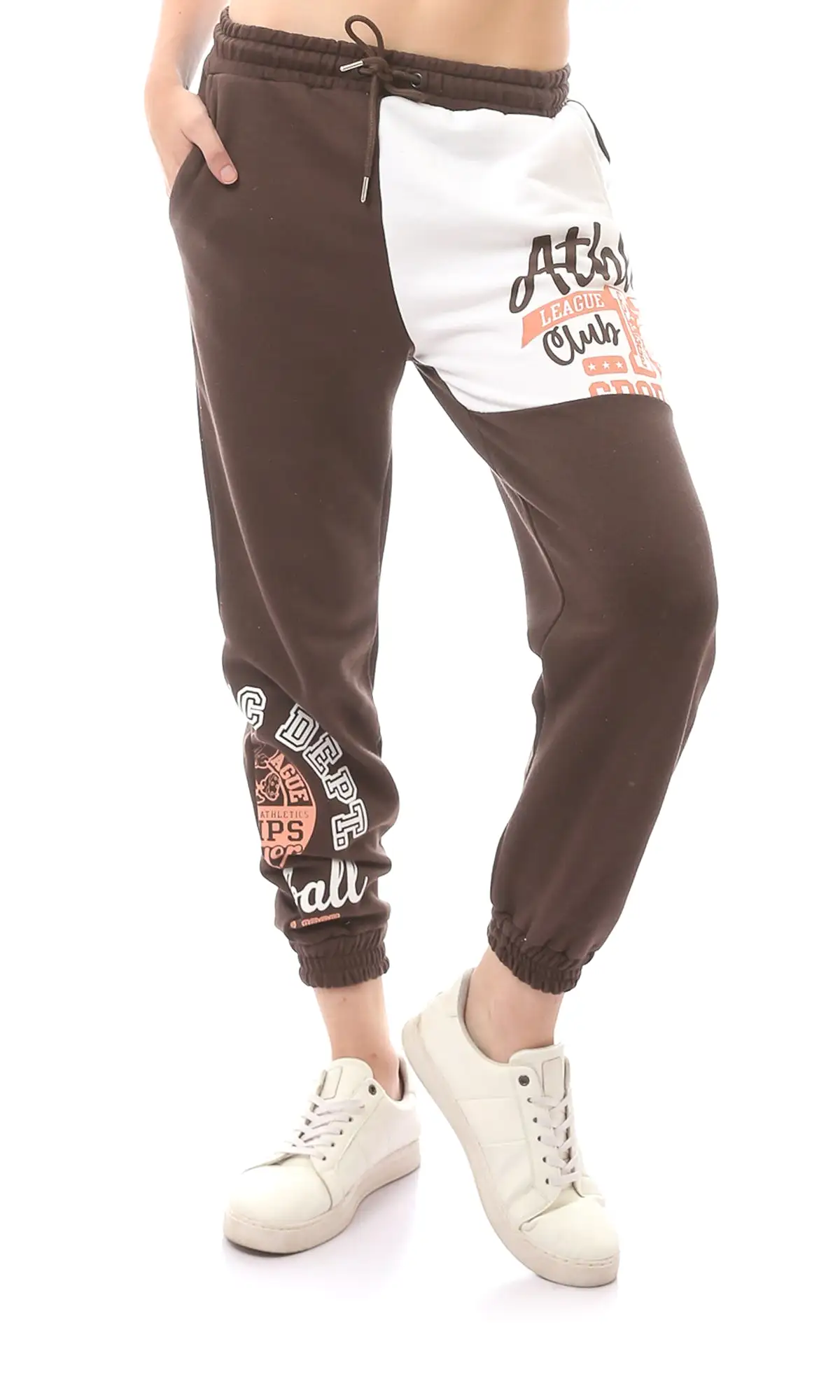 O168608 Brown & White Printed Slip On Elastic Waist Trousers