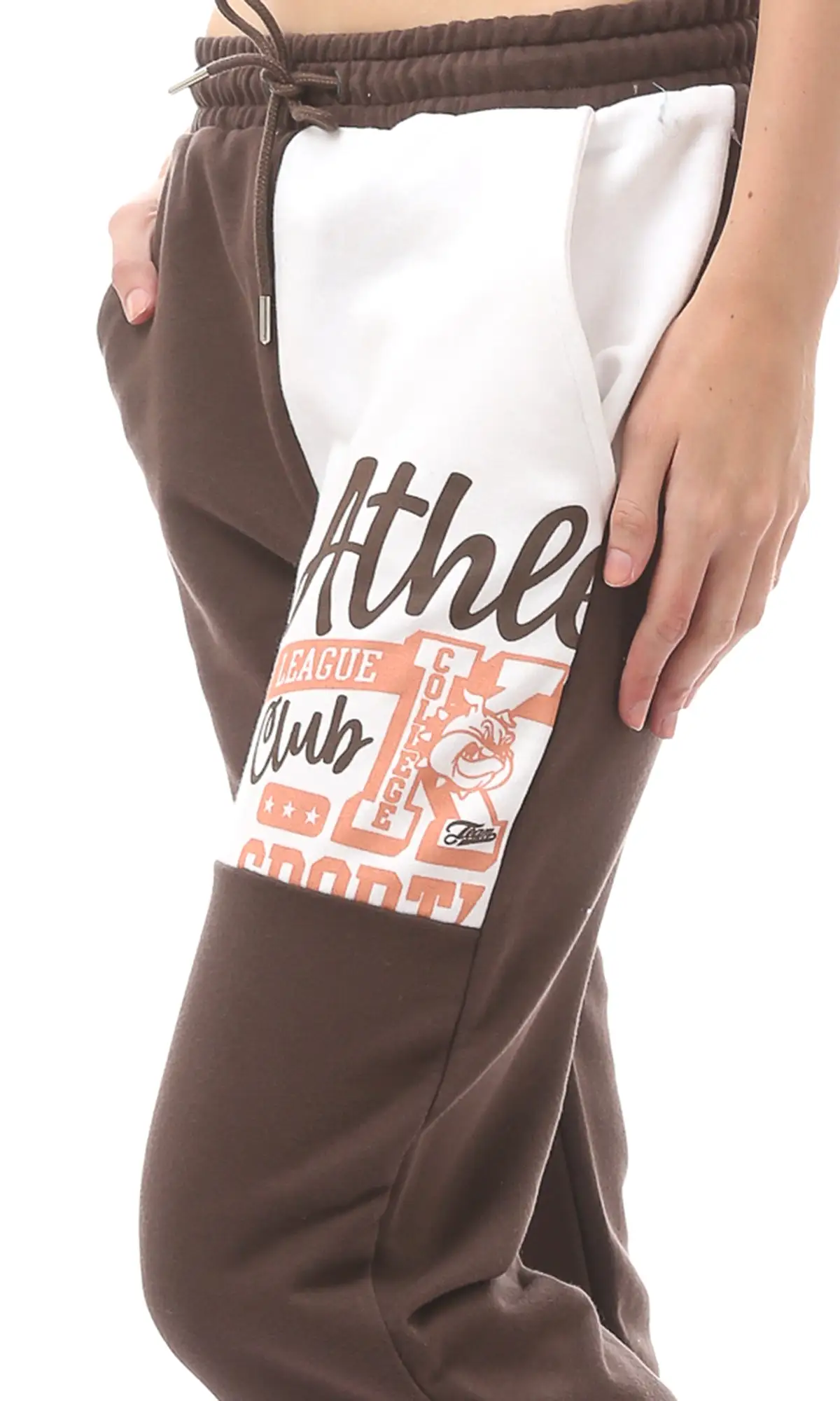 O168608 Brown & White Printed Slip On Elastic Waist Trousers