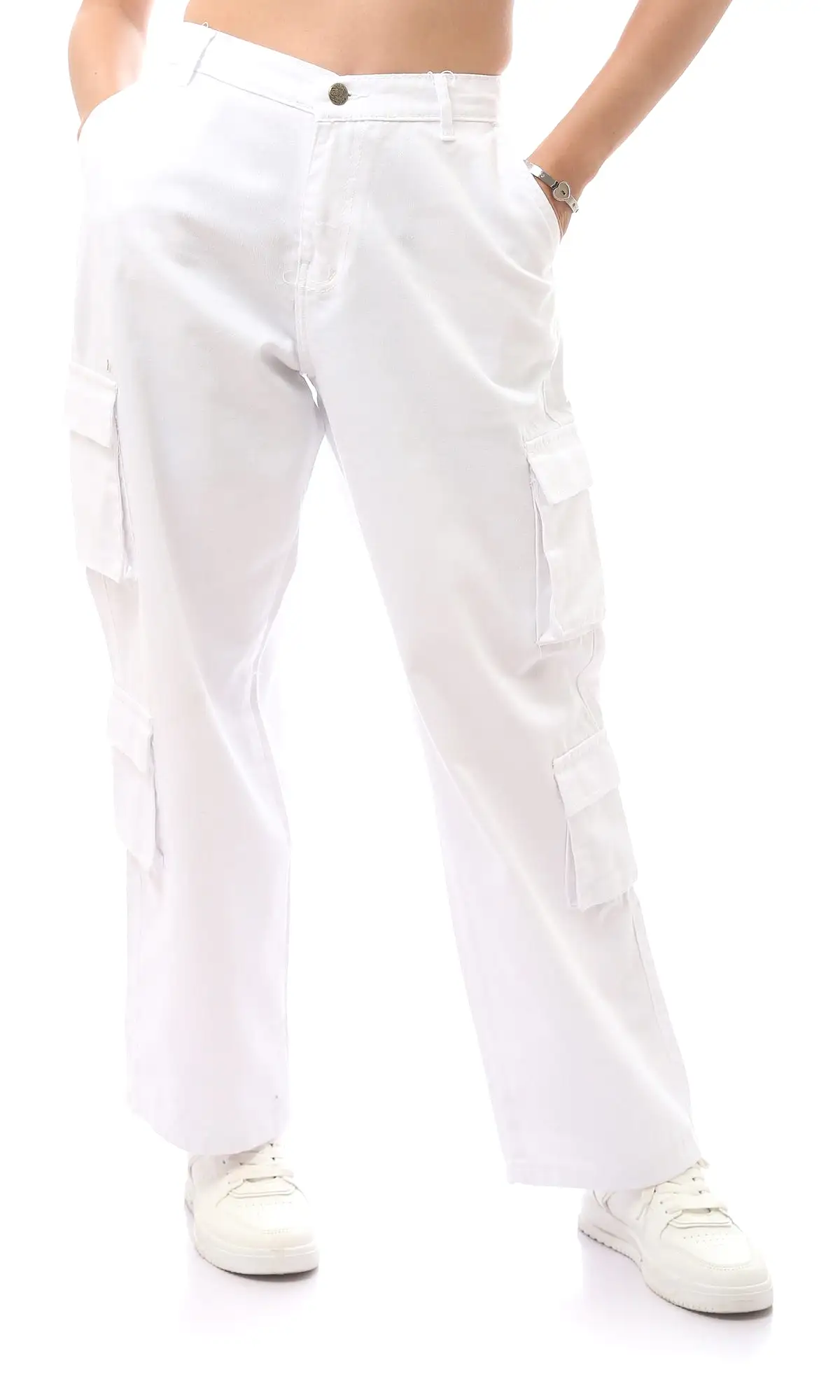 O169943 White Cotton Solid Fly Zip Buttoned Trousers